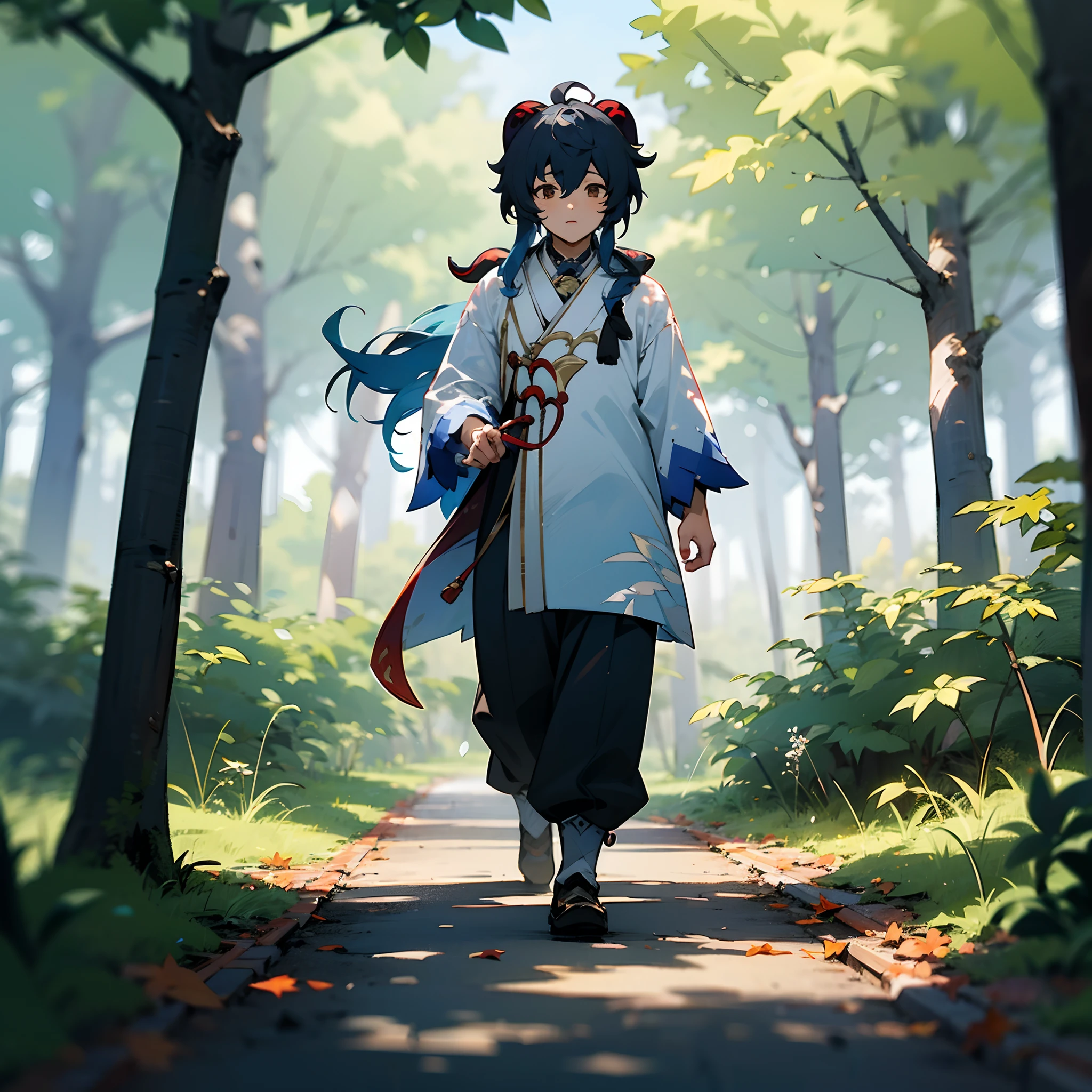 Genshin Impact, Ganyu walking in a forest, maple trees, UHD, HDR
