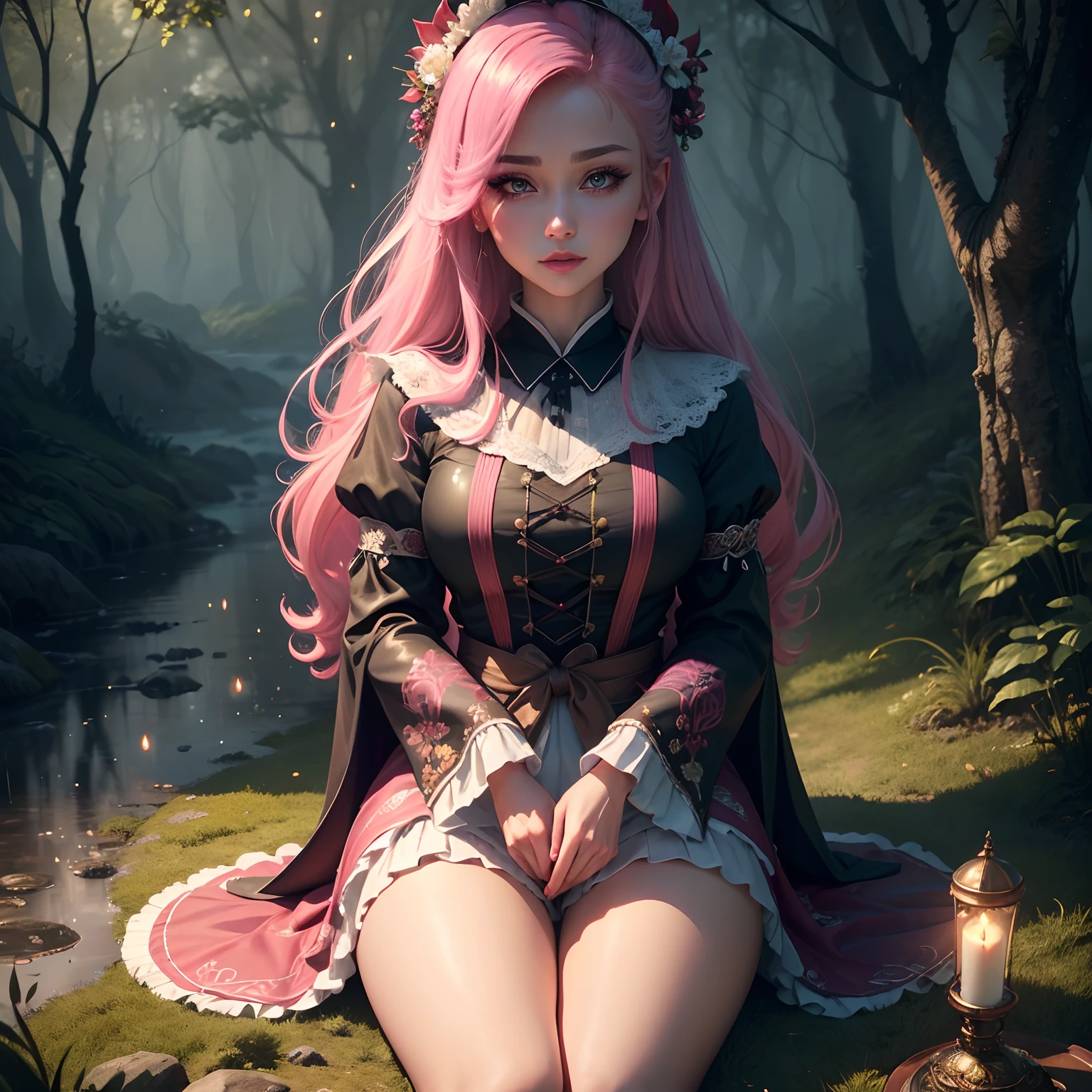 (masterpiece, highres, high quality:1.2), intricate details, cinematic lighting, A stern girl in Japanese maid's clothes, long stockings sits on the wet grass, magic firest, lot in the rain, raining Darker ,anime drawing , gothic pixiv style , pink hair, blue eyes, ocean color eyes, high-quality, fireflies fly, Pink hair, very long hair, hair intakes, makeup, lipstick, (mole under mouth:0.8), eyelashes, ultra detailed eyes, ultra detailed face, ultra detailed lips, ultra detailed lipstick, ultra detailed makeup, rainy forest, magic forest, fireflies, full body