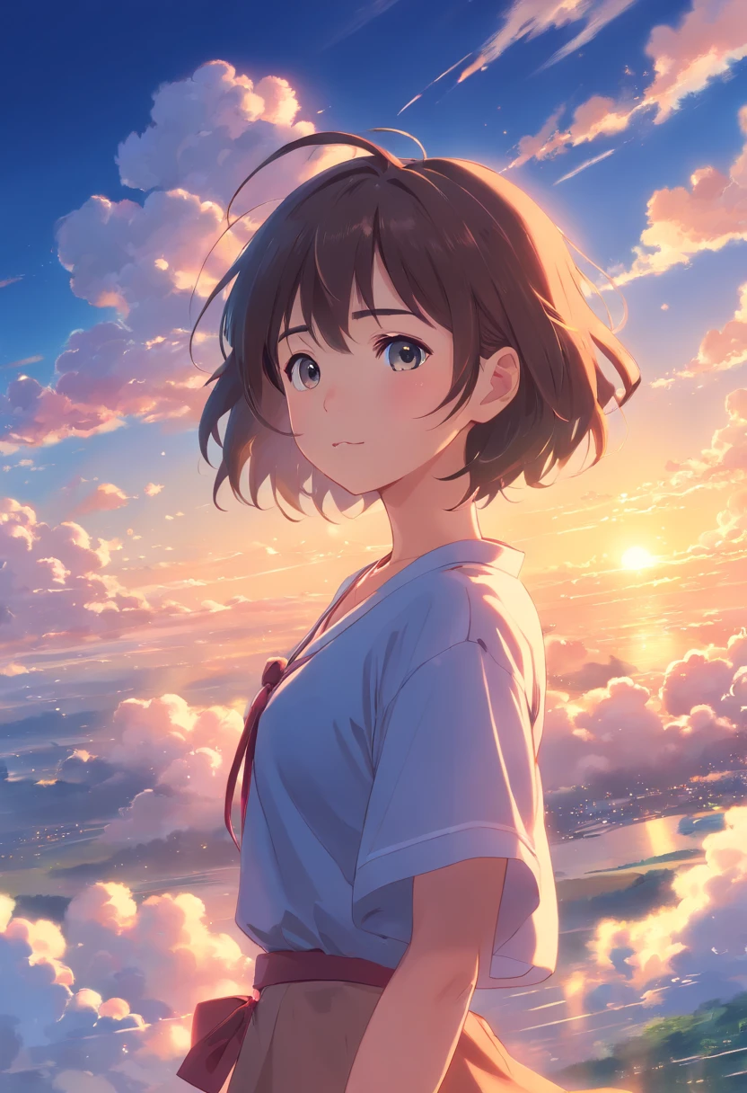 (best quality,4k,8k,highres,masterpiece:1.2), movie stills, 1girl, cloud girl, floating in the sky, close-up, bright, cheerful, warm and soft lighting, sunset, (sparkle:0.7)