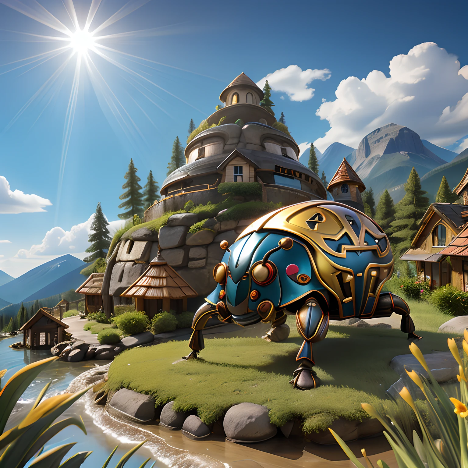 Giant beetle, Fantasy Village, mountain background, Sunshine, god rays, :