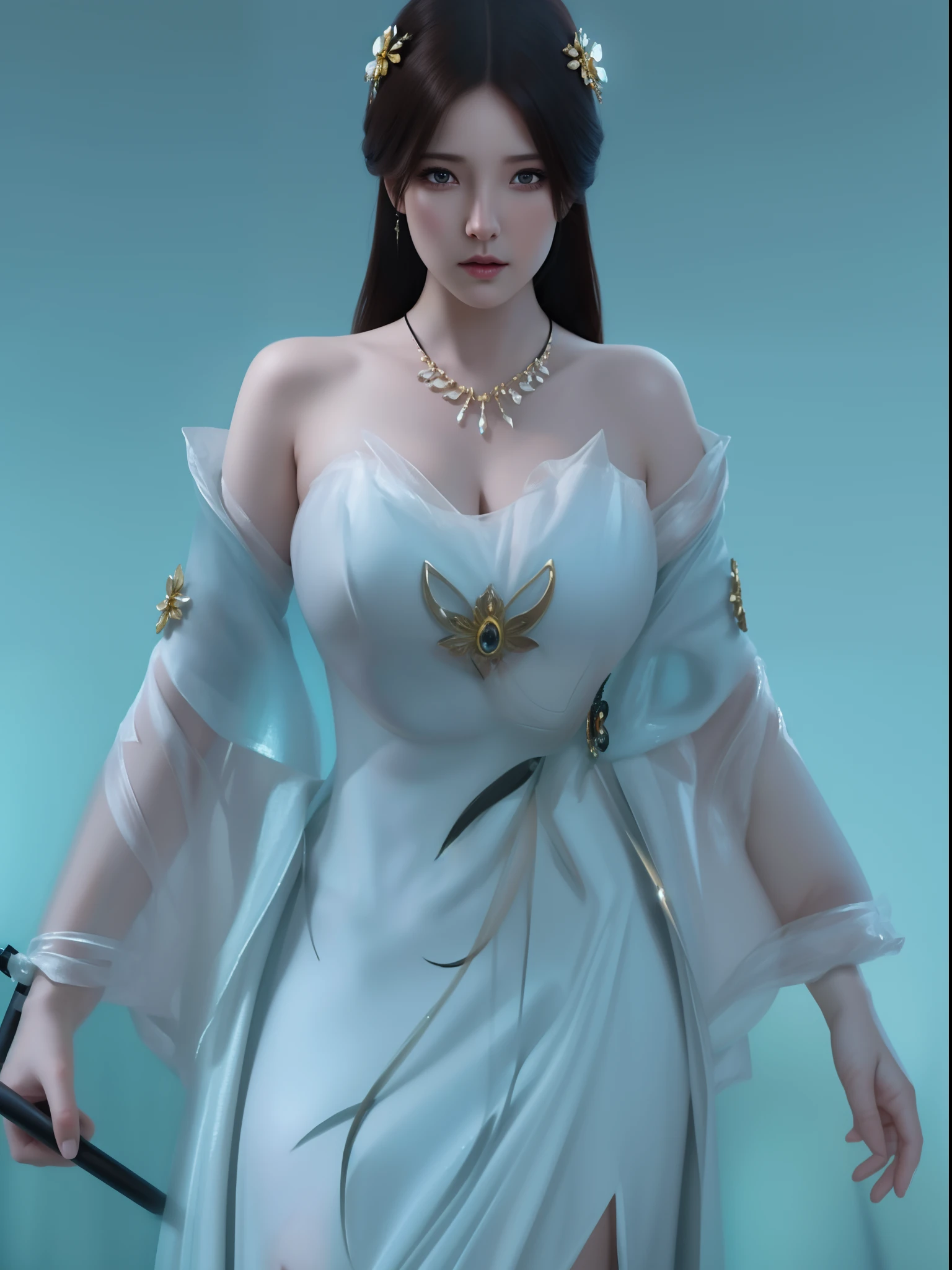 (hyperrealistic), (illustration), (high resolution), (8K), (extremely detailed), (best illustration), (beautiful detailed eyes), (best quality), (ultra-detailed), (masterpiece), (wallpaper), (photorealistic), (natural light), (rim lighting), (detailed face), (high detailed realistic skin texture), (anatomically correct), (solo), (1 girl), (high detailed realistic hair), (black hair:1.35), (heterochromic eyes), (detailed eyes), (bright brown eyes:1.37), (sparkling eyes), (realistic big breasts:1.5), (exposed breasts:1.35), (long legs), (slender abs), (dynamic pose), (closed tiny mouth:1.3), nsfw, concentrated expression.