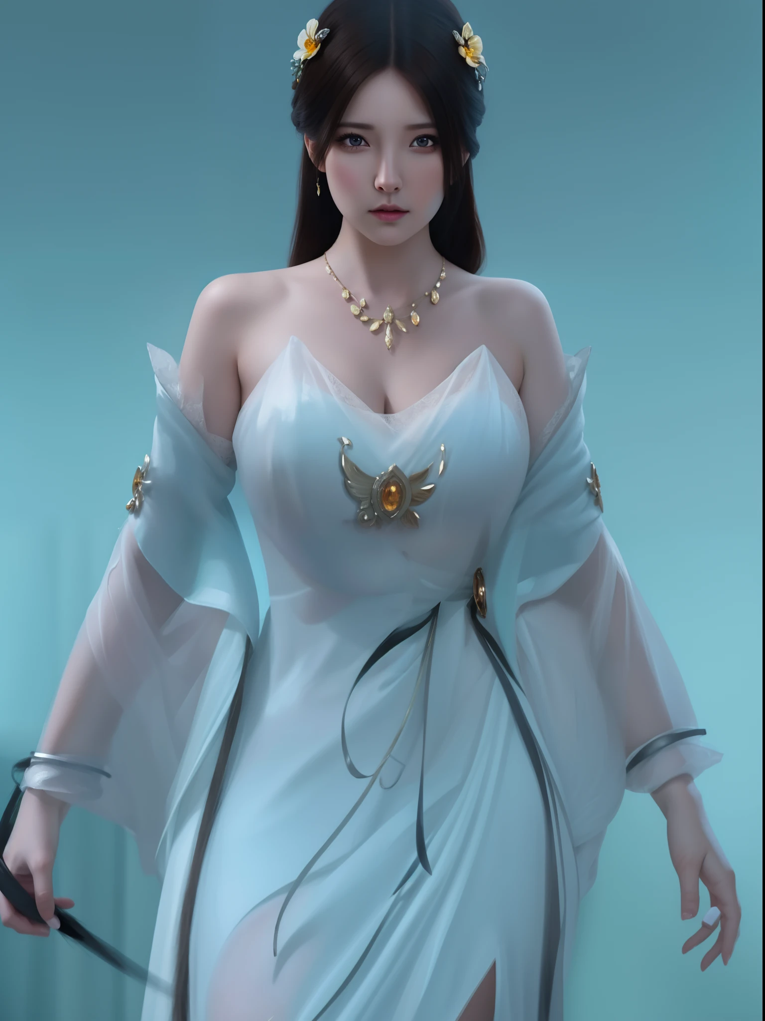 (hyperrealistic), (illustration), (high resolution), (8K), (extremely detailed), (best illustration), (beautiful detailed eyes), (best quality), (ultra-detailed), (masterpiece), (wallpaper), (photorealistic), (natural light), (rim lighting), (detailed face), (high detailed realistic skin texture), (anatomically correct), (solo), (1 girl), (high detailed realistic hair), (black hair:1.35), (heterochromic eyes), (detailed eyes), (bright brown eyes:1.37), (sparkling eyes), (realistic big breasts:1.5), (exposed breasts:1.35), (long legs), (slender abs), (dynamic pose), (closed tiny mouth:1.3), nsfw, concentrated expression.
