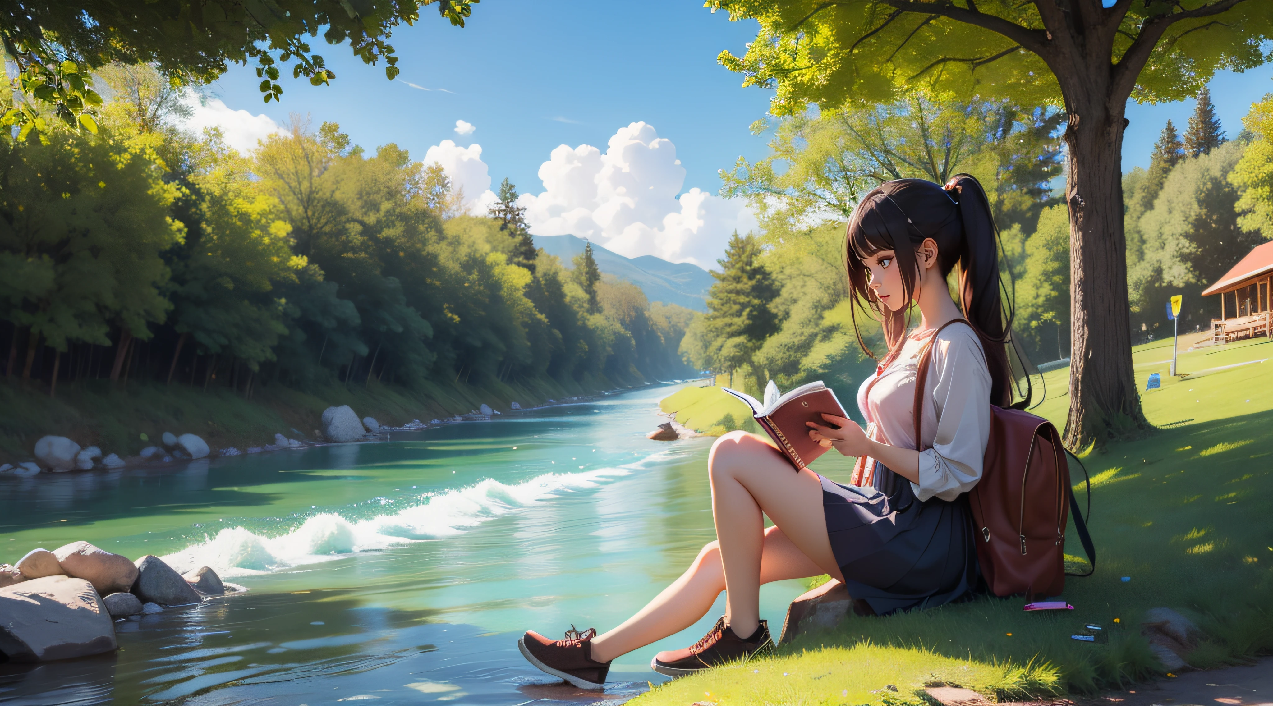 "An anime girl reading while listening to music under a tree near a river."