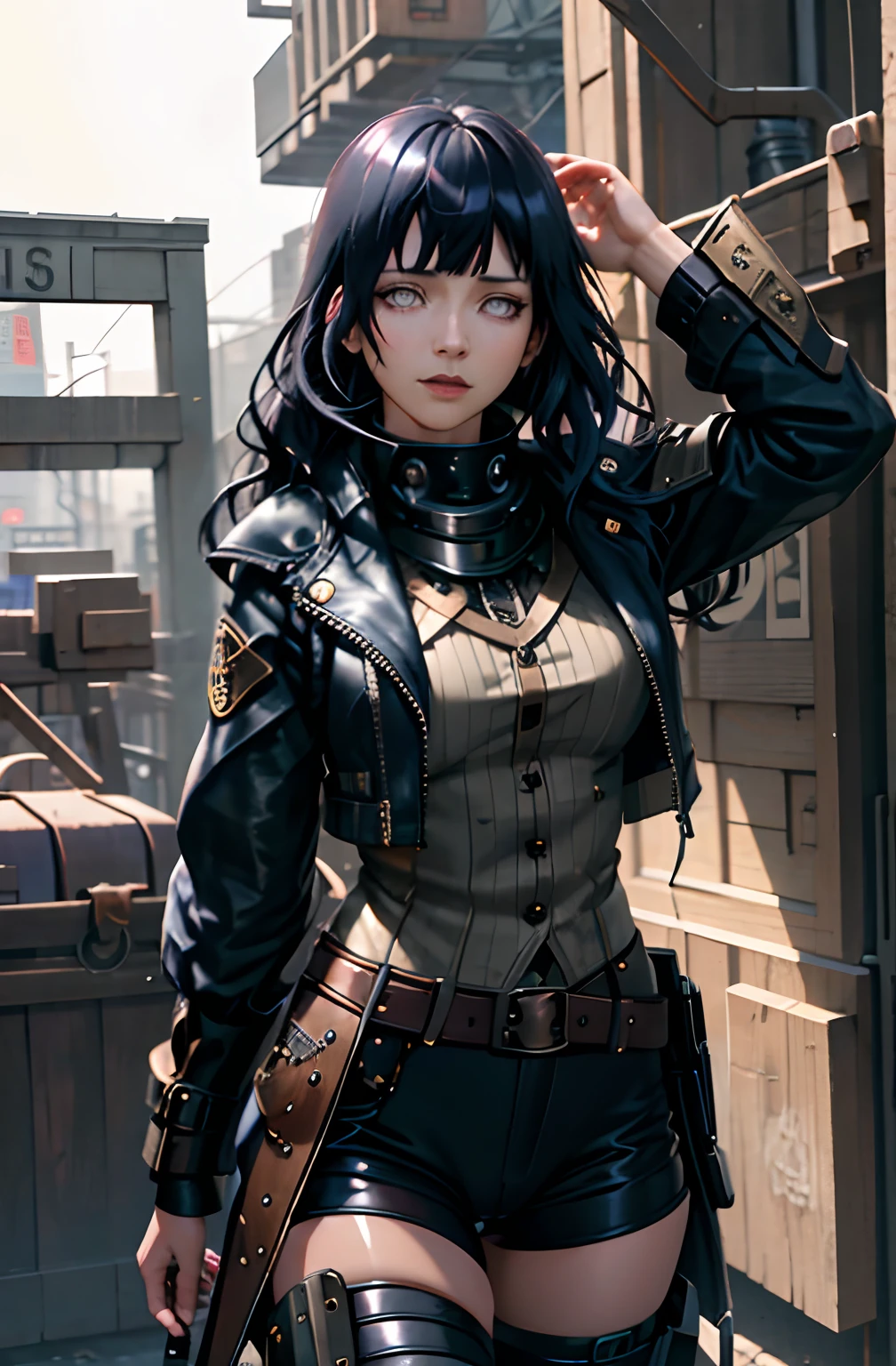 (absurdres, highres, ultra detailed), 1woman, mature female, aged up, wavy long hair, split-color hair, Blunt bangs, long sleeves, finely detailed eyes and detailed face, extremely detailed CG unity 8k wallpaper, intricate details, (style-rustmagic:0.8), (medieval cyborg:0.8), portrait, (bloody wounds:0.7), looking at viewer, solo, half shot, detailed background, (steampunk theme:1.1) determined expression, dark couds technomancer, floating lights, color leather vest with gears, techwear, jetpack, workshop in background, machines, gears, steam, industry, technology, furnace, grime, anvil, buttons, levers, automaton, electricity, purple eyes, Blunt Bangs,dark blue hair electric sparks epic atmosphere,, portrait(very marked cameltoe)