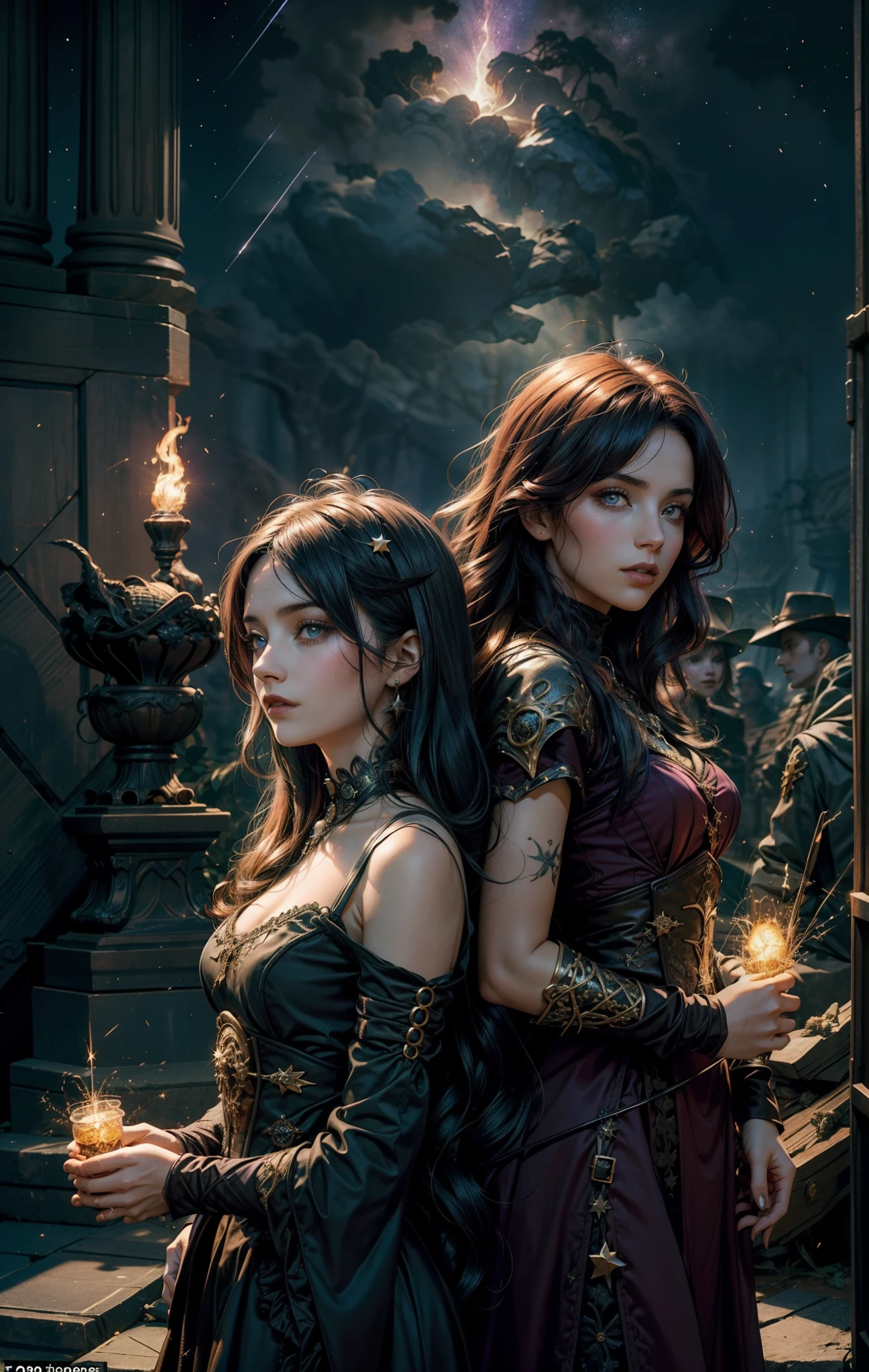 2 mulheres com a magia dourada, The background of the image is dark and starry and full of patches of light with sparks of fire, 2 mulheres de tons de cabelo diferente assim como os olhos, 1 melher tem cabelos verdes, the other melher has hair and lilac