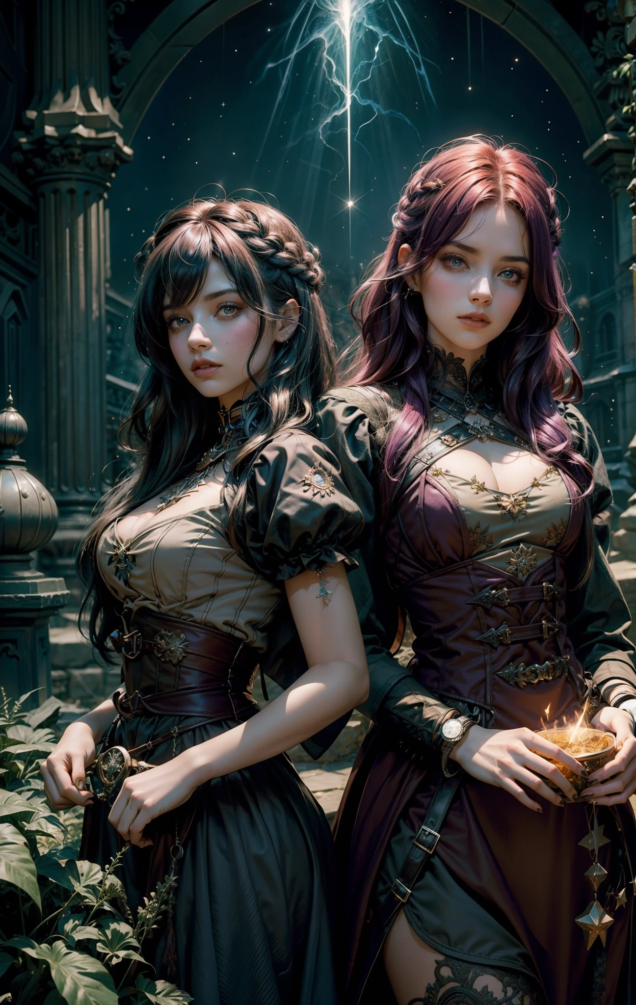 2 mulheres com a magia dourada, The background of the image is dark and starry and full of patches of light with sparks of fire, 2 mulheres de tons de cabelo diferente assim como os olhos, 1 melher tem cabelos verdes, the other melher has hair and lilac