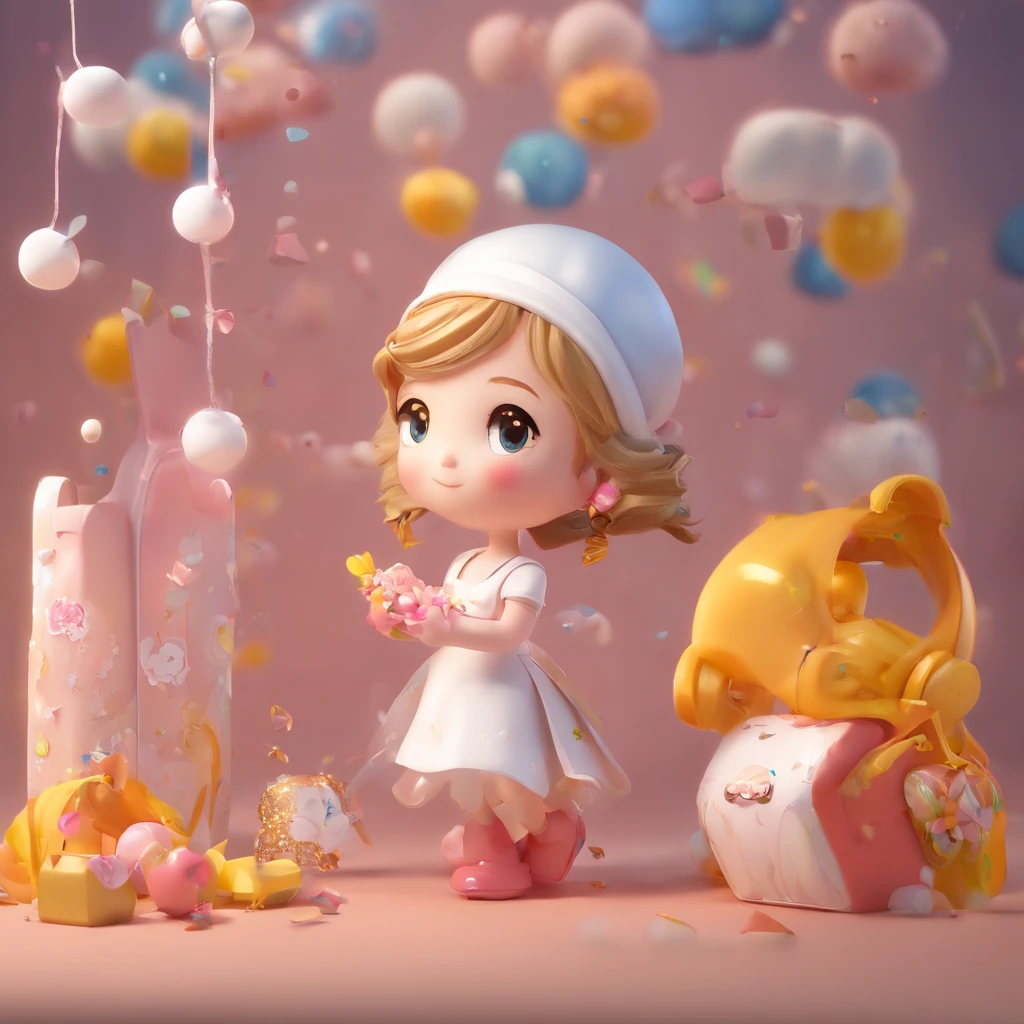 Super Cute Girl IP by Pop Mart, Bright eyes, Cherub,Little white dress, clay, modeled, blind box toy, Glossy and delicate,clean back ground, Good luster, 3D rendering of a,Best Quality