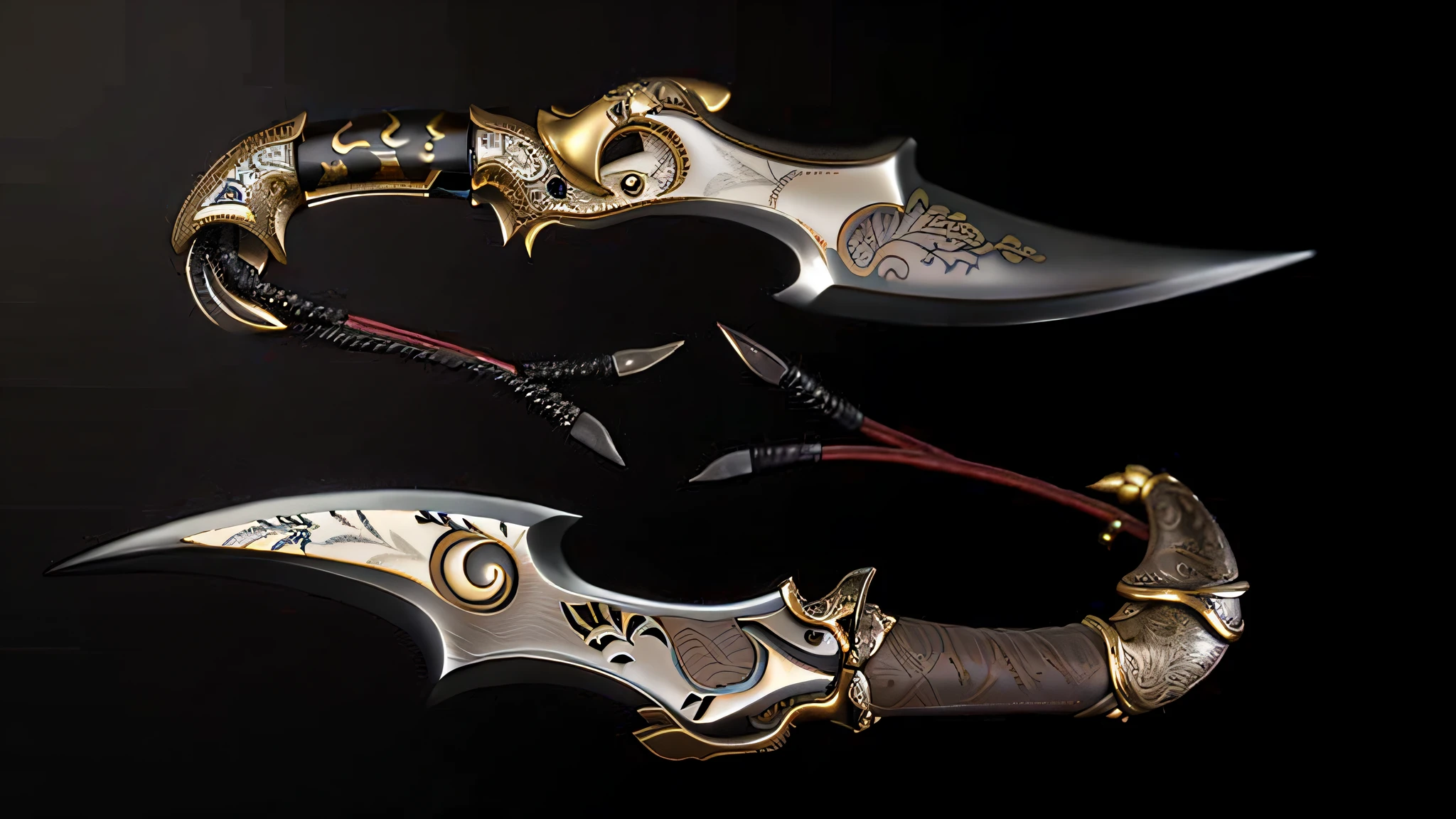 An iron dagger，The tail is inlaid with animal teeth，The dagger is engraved with a delicate Chinese pattern，eastern style，cg art，The brass grip is wrapped around a leather cord