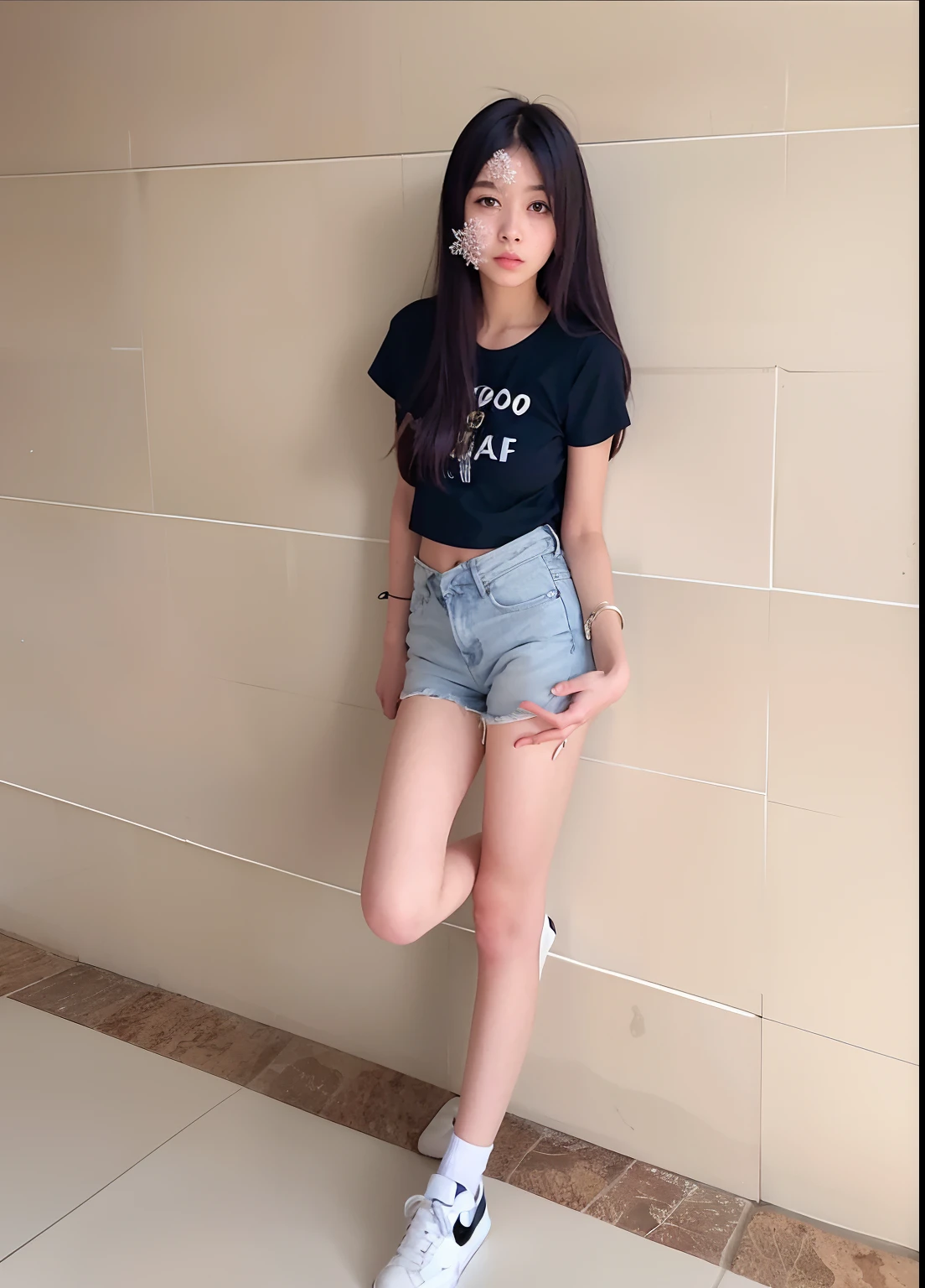 The Araved woman leaned against the wall with her legs crossed, photo of slim girl, 1 8 I, Sexy girl, Sexy girls wear super shorts, 19-year-old girl, 18 years old, photo of slim girl model, young and cute girl, Good hips and long legs, Attractive pose, Good young girl, she is about 20 years old