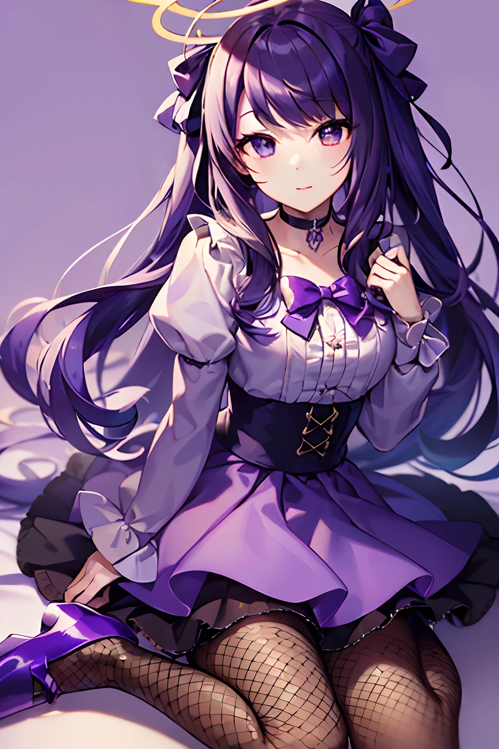 (masterpiece+top-quality:1.6)、 1 人、12 only、eyeshadows、lipsticks、独奏、long eyeslashes、Viewer Perspective、long、skirt by the、The shirt、Long purple hair、Twin-tailed、long-sleeve、bow ribbon、Bow knot、hair adornments、frilld、lowfers、a choker、Black eyes、The halo、Light purple background、frills skirt、Large ribbon、fishnet tights、The shirt、fishnets pantyhose、Platform footwear、Purple theme background、simple background、Department of Landmines、