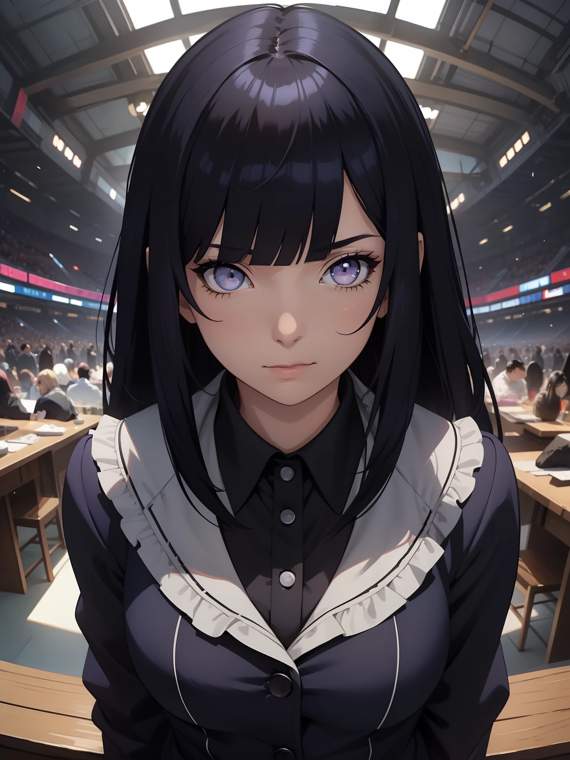 masterpiece, best quality, beautiful eyes, detailed eyes, detailed face, scenery, detailed CG, ultra-detailed, best shadow, depth of field, beautiful illustration, illustration, extremely beautiful, perfect details, 1girl, solo, joker, black and white, under cut, hair over one eye, dynamic pose, vibrant color, fisheye, skindentation, poker, fiew from above,Blunt Bangs, purple eyes, long dark blue hair