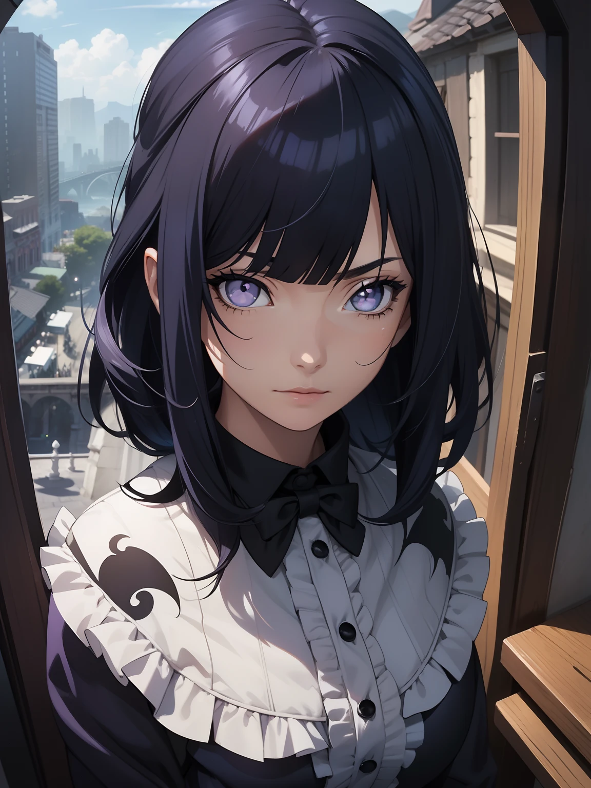 masterpiece, best quality, beautiful eyes, detailed eyes, detailed face, scenery, detailed CG, ultra-detailed, best shadow, depth of field, beautiful illustration, illustration, extremely beautiful, perfect details, 1girl, solo, joker, black and white, under cut, hair over one eye, dynamic pose, vibrant color, fisheye, skindentation, poker, fiew from above,Blunt Bangs, purple eyes, long dark blue hair