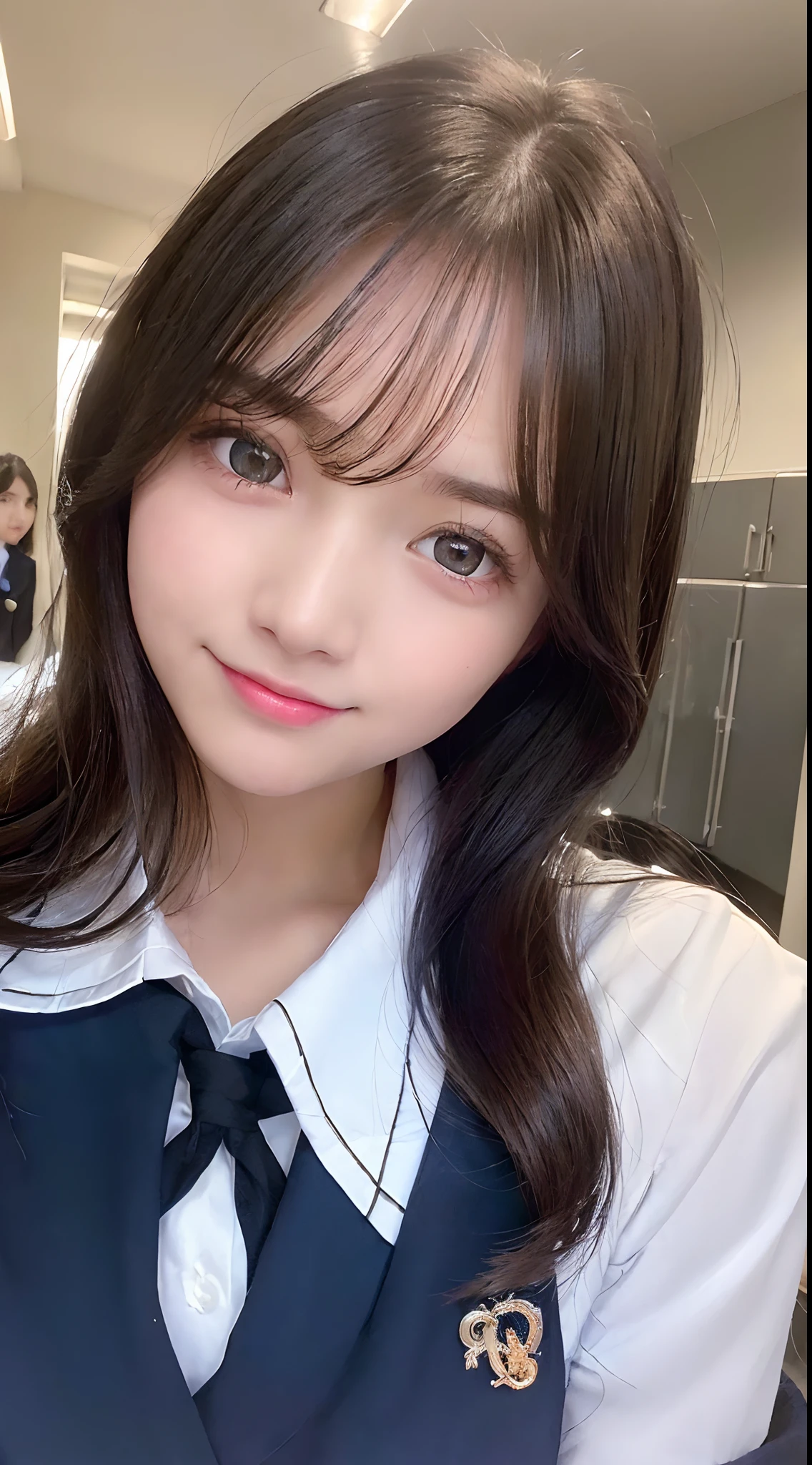 selfee, (from the front side),(Face:1.3),(Eye focus:1.4),(close up:1.3),(wide eyes:1.3),Attractive eyes,Eyelashes,Round eyes,jewelry eyes,Twinkle Eyes, long eyelashes, Eye Highlights,(Smile with open mouth),look at viewr,Light transparency, Diffraction of light, Best Quality, High quality, High resolution, Detailed, (1womanl), (high-school uniform:1.5), Beautiful face, Full face blush:1.3, Beautiful eyes, (Blue-black hair), ((Hair to the shoulders:1.2)) (18year old,) (ample breasts:1.2), (A smile:1.2),perfect fingers in perfect hands,((A smile:1.2))