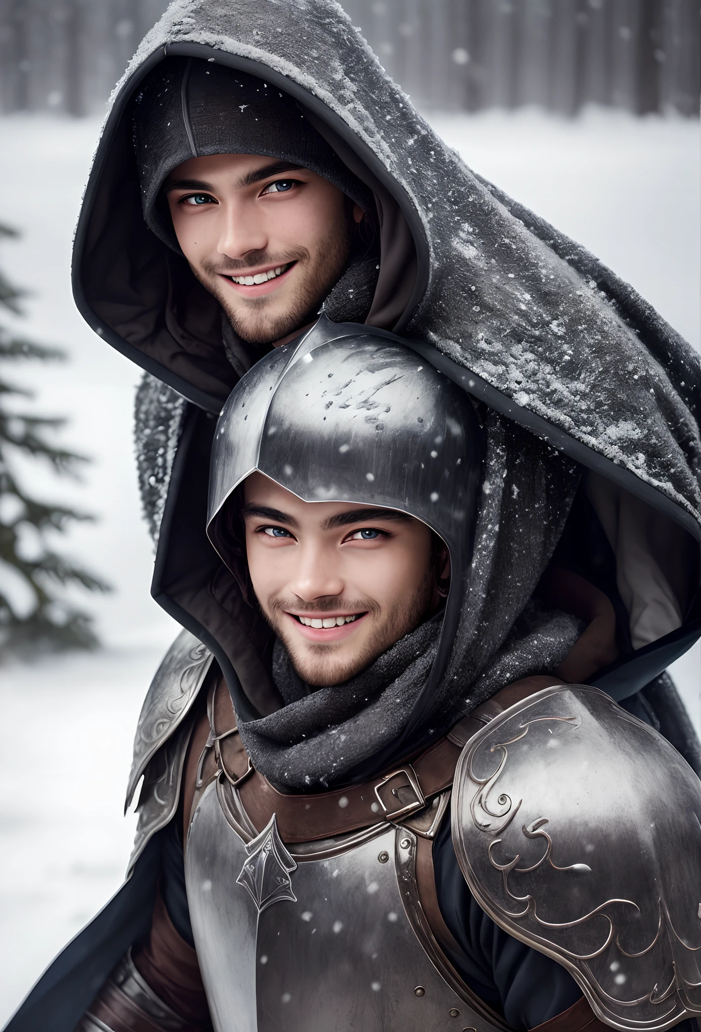 close-up of a man in armor with a hooded sword, portrait of a young warrior, winter, smart, big gray eyes, ((grin)), dirty hair, snow, wet, (insanely detailed: 1.5), ((analog)), (higher quality,