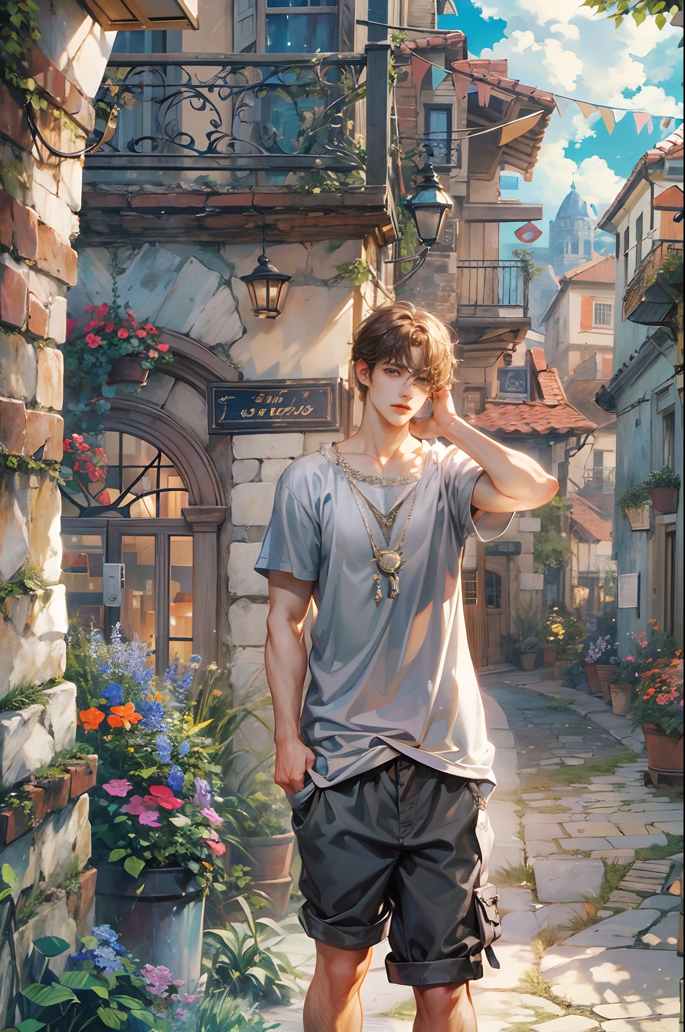(absurdres, highres, ultra detailed, HDR), masterpiece, best quality, "rhapsody a musical adventure" ps1 game character, boy hero with short hair, detailed face, handsome face, anime eyes, at the town, detailed character, detailed outdoor scenery, art kenouji