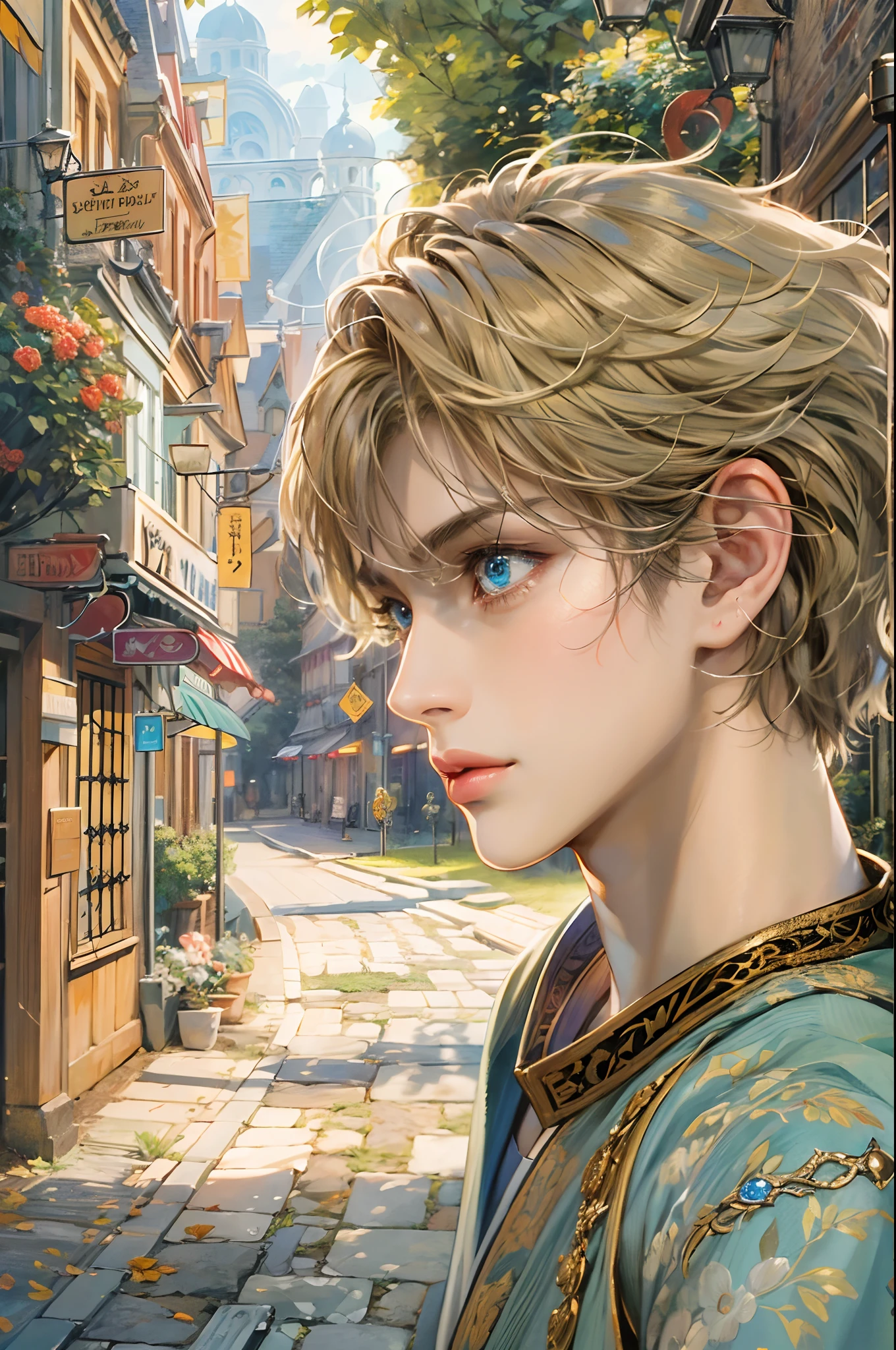 (absurdres, highres, ultra detailed, HDR), masterpiece, best quality, "rhapsody a musical adventure" ps1 game character, boy hero with short hair, detailed face, handsome face, anime eyes, at the town, detailed character, detailed outdoor scenery, art kenouji