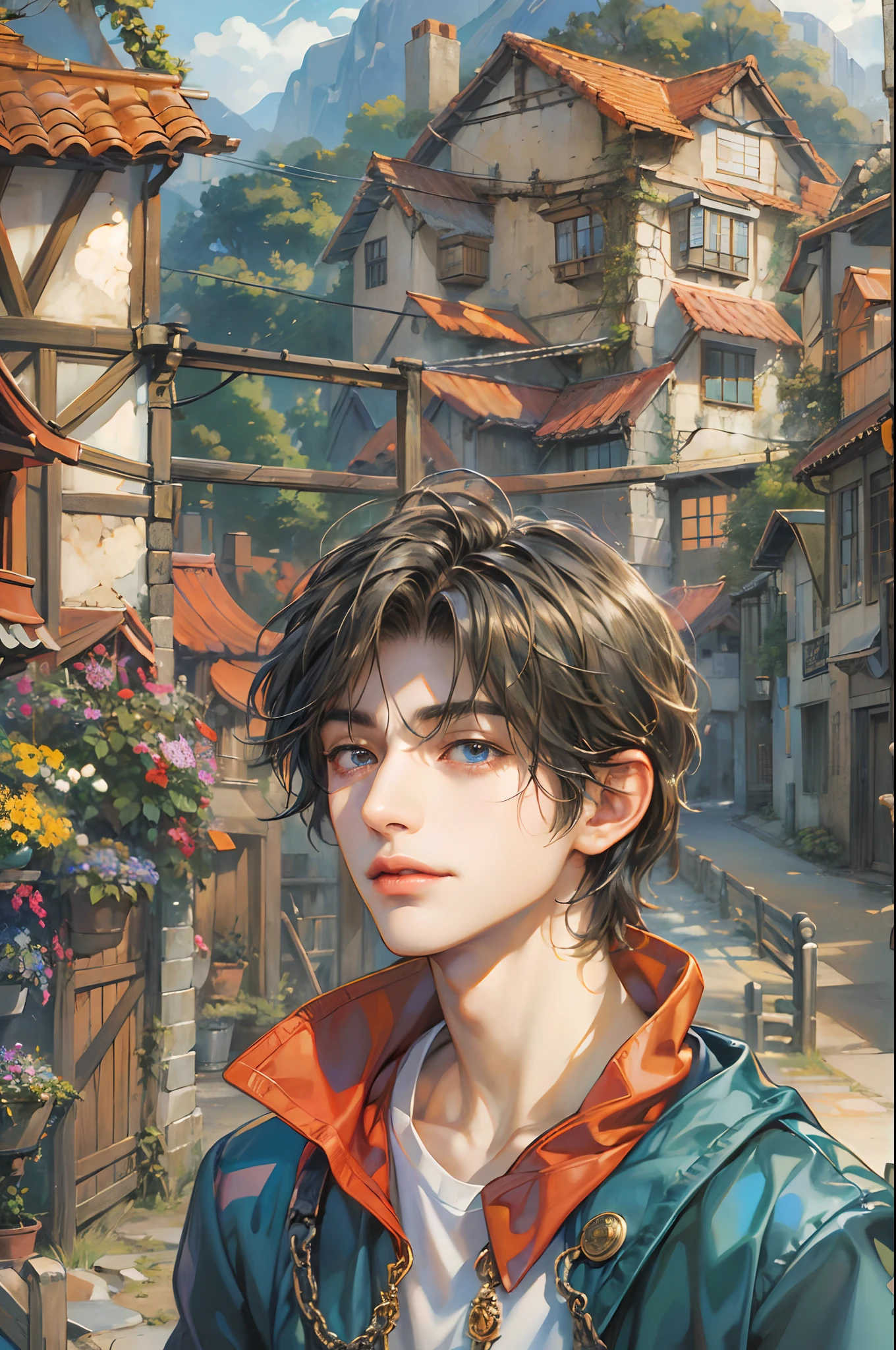 (absurdres, highres, ultra detailed, HDR), masterpiece, best quality, "rhapsody a musical adventure" ps1 game character, boy hero with short hair, detailed face, handsome face, anime eyes, at the town, detailed character, detailed outdoor scenery, art kenouji