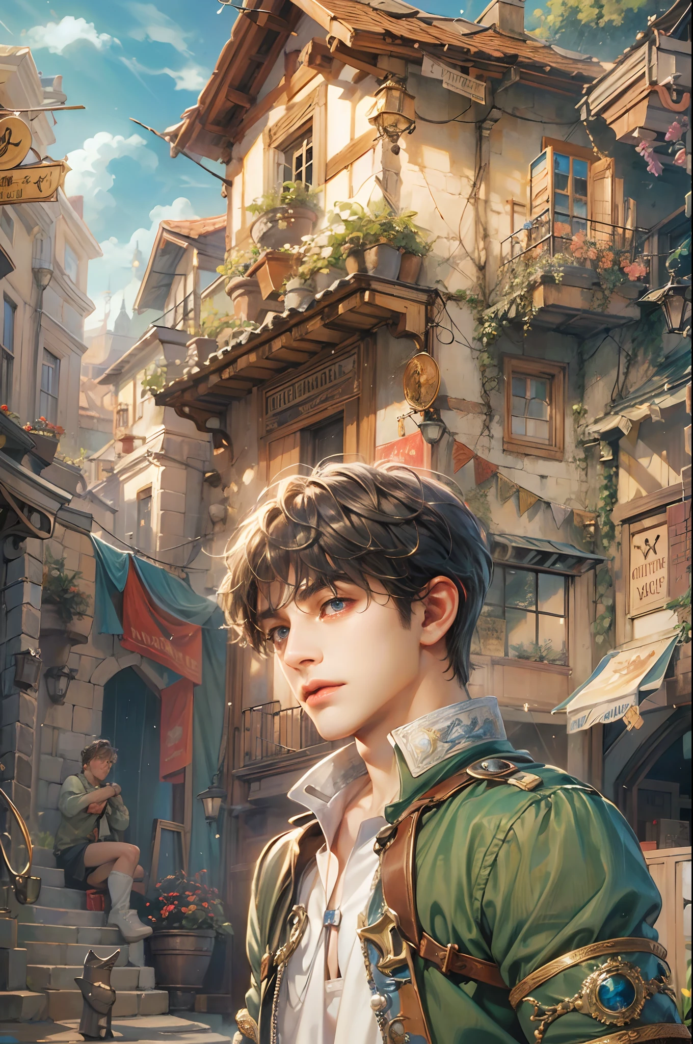 (absurdres, highres, ultra detailed, HDR), masterpiece, best quality, "rhapsody a musical adventure" ps1 game character, boy hero with short hair, detailed face, handsome face, anime eyes, at the town, detailed character, detailed outdoor scenery, art kenouji