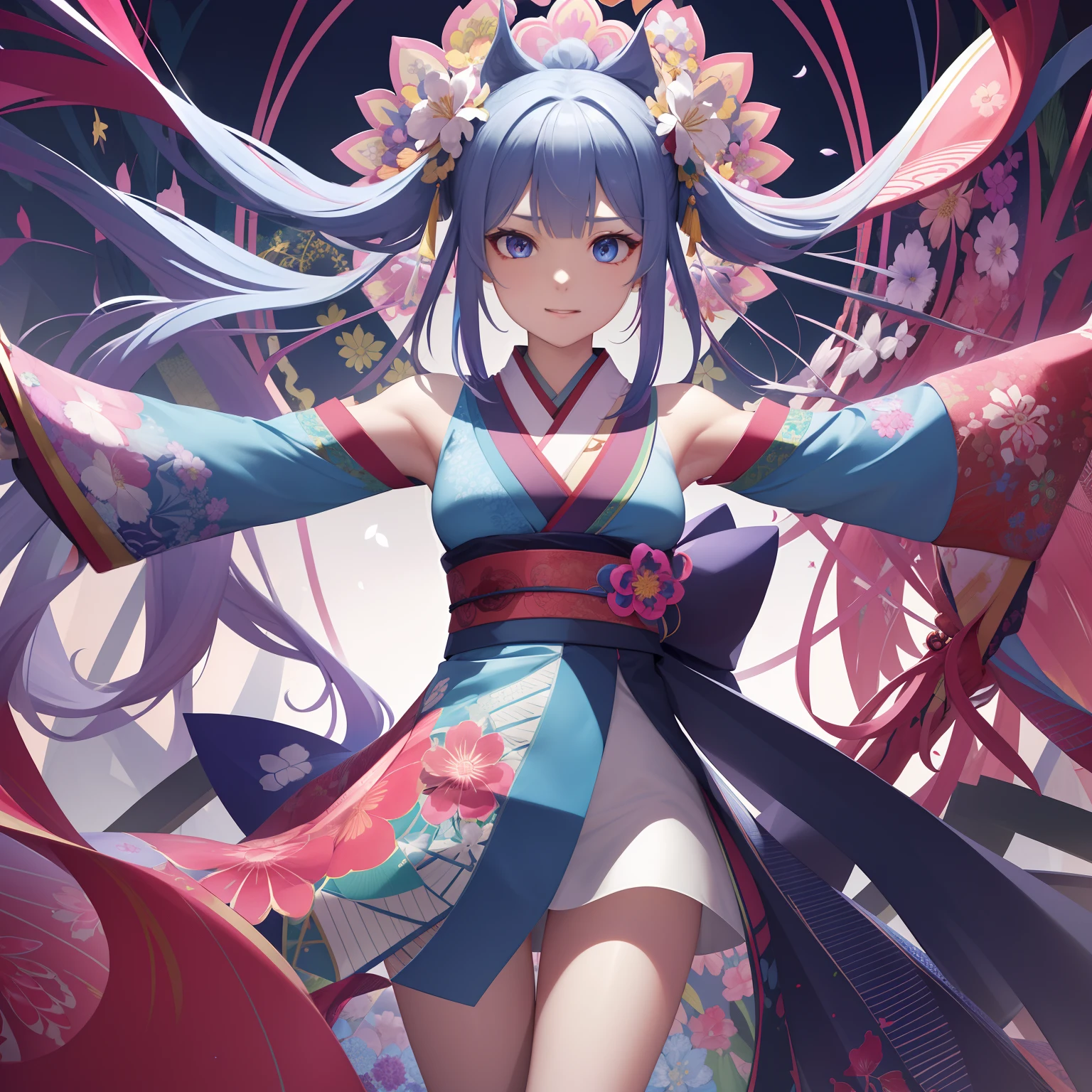 (absurderes、hight resolution、ultra-detailliert)、1girl in、Beautiful woman、Pink twin-tailed hair、length hair、Blue eyes、Red kimono、finely eye and detailed face、the Extremely Detailed CG Unity 8K Wallpapers、intricate-detail、BREAK、kaleidoscopic imagery、Symmetrical pattern、vivd colour、Geometric shapes、mesmerizing designs、optical illusion、Dynamic Composition Breaker、pantomime art、expressive body language、Quiet storytelling、evocative gestures、 visual narratives、Play Break Ha、blooming flowers、Multicolored petals、fragrant scents、nature's bounty、vibrant gardens、Tranquil landscape、Hide your fingers