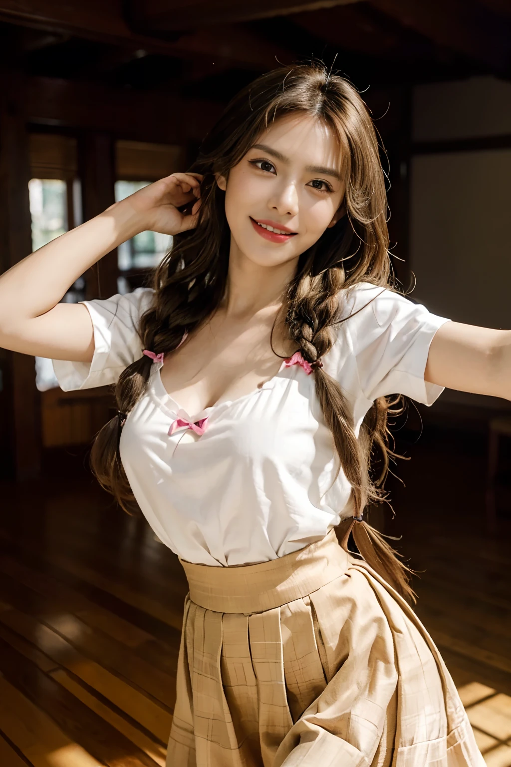 Masterpiece, Best quality, Realistic, Full-HD, 1 girl, Real girl, Long brown hair, Exercise, Braided hair, ribbon on hair, Golden eyes, Brown skin, medium boob, Happy face, Big smile, Open mouth, Traditional Mexican skirt, Pink Mexican skirt, Dynamic movements, White blouse, Short sleeves, Red high heels, dynamic dance pose, full bodyesbian, Perfect anatomy,Bigchest,cleavage
