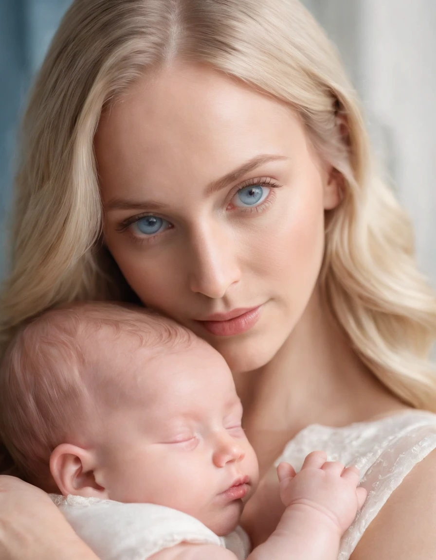 image of a woman with newborn, the woman is 20 years old, the newborn is 3 weeks olds, photo in the photo studio, photo studio lights from left, realistic portrait, artistic lights, beautiful mother, beautiful son, light in the hair, ultra detailed, realistic, light and shade, rembrandt backdrop, gray backdrop, woman and newborn wear light sky blue clothes, smelling, smelling, the woman has very long hair, the woman has blonde hair, the woman has makeup, depth of field, soft colors, chiaroscuro, backlighting, Canon, chiaroscuro, chiaroscuro, backlighting, Canon, 8k, high details, super detail, masterpiece, ccurate, anatomically correct, high details, super detail, masterpiece, ccurate, anatomically correct