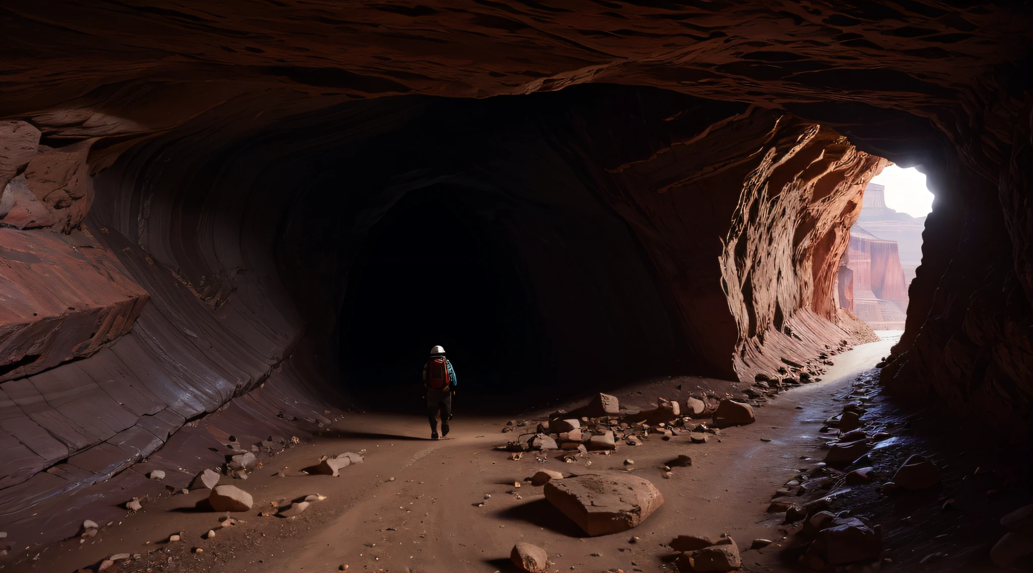 An explorer entering a dark cave in the Grand Canyon.
