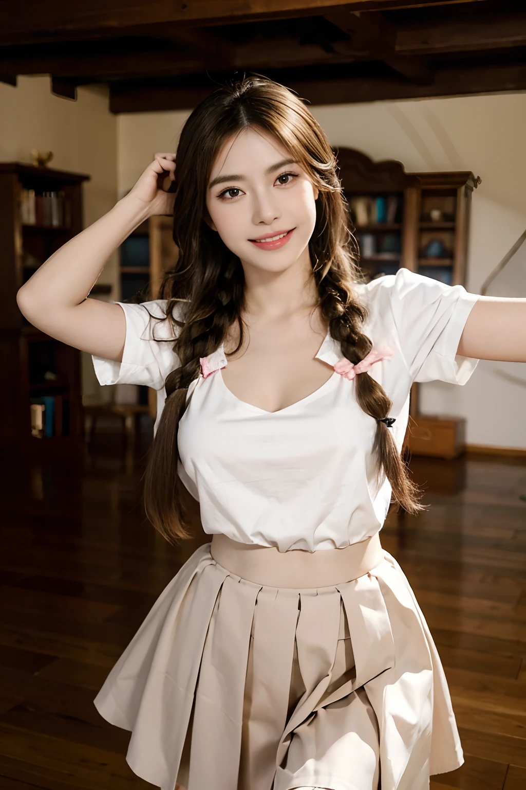 Masterpiece, Best quality, Realistic, Full-HD, 1 girl, Real girl, Long brown hair, Exercise, Braided hair, ribbon on hair, Golden eyes, Brown skin, medium boob, Happy face, Big smile, Open mouth, Traditional Mexican skirt, Pink Mexican skirt, Dynamic movements, White blouse, Short sleeves, Red high heels, dynamic dance pose, full bodyesbian, Perfect anatomy,Bigchest,cleavage