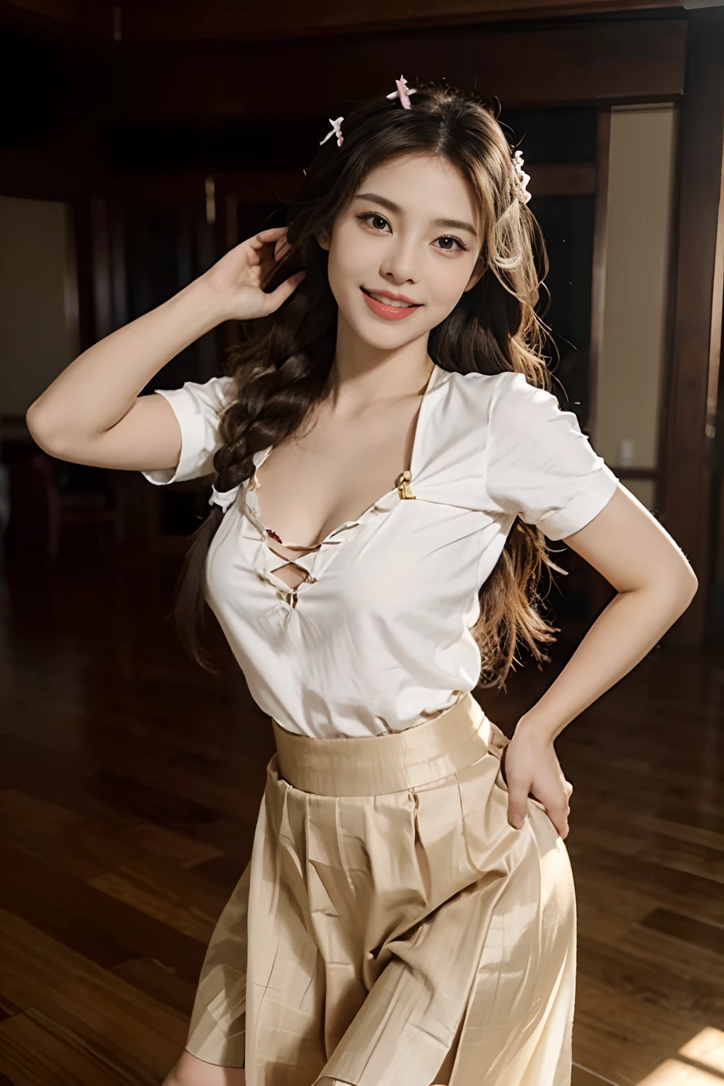 Masterpiece, Best quality, Realistic, Full-HD, 1 girl, Real girl, Long brown hair, Exercise, Braided hair, ribbon on hair, Golden eyes, Brown skin, medium boob, Happy face, Big smile, Open mouth, Traditional Mexican skirt, Pink Mexican skirt, Dynamic movements, White blouse, Short sleeves, Red high heels, dynamic dance pose, full bodyesbian, Perfect anatomy,Bigchest,cleavage