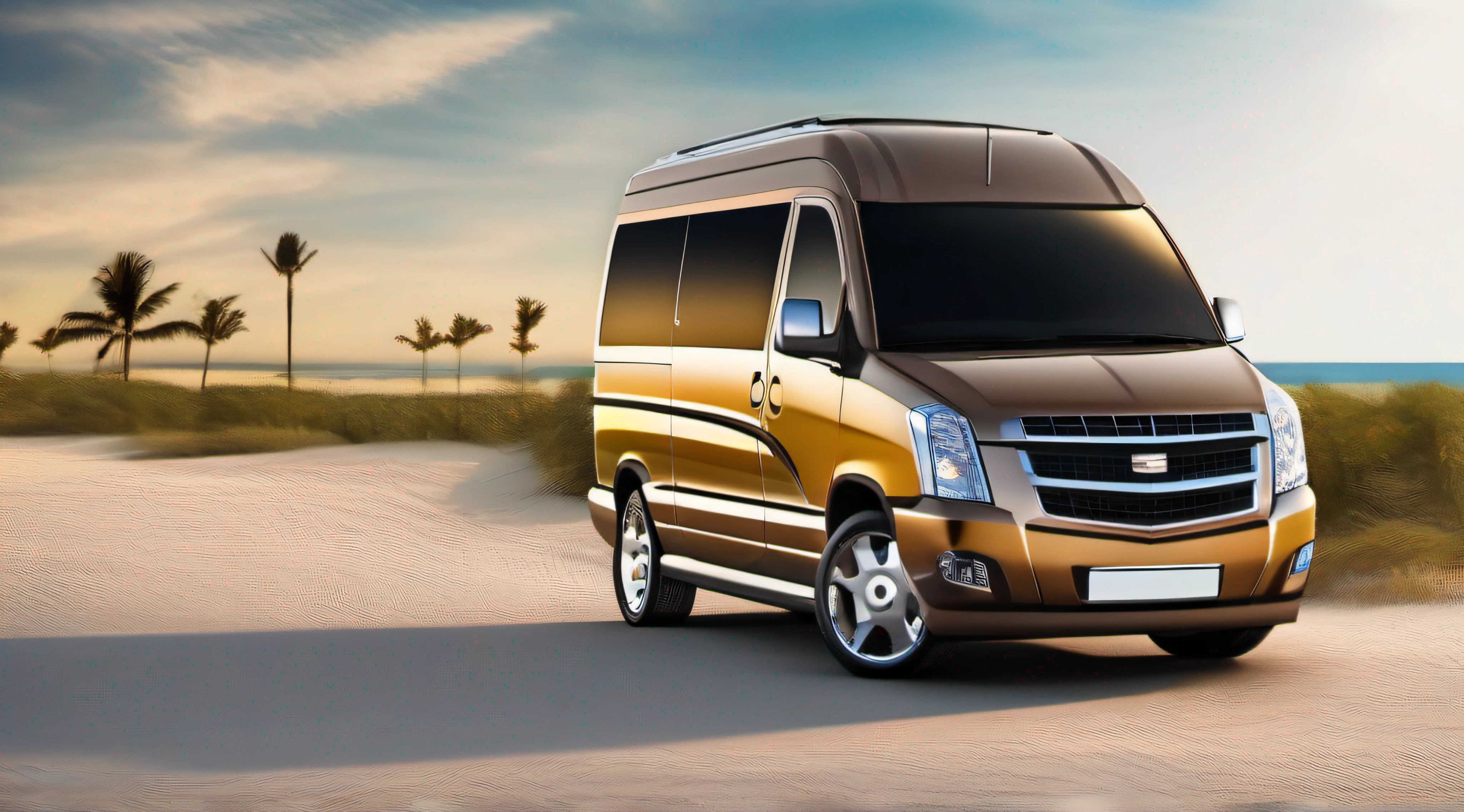 Modern minibus KADILAK-ESCALADE, background sea beach, digital photo, rendering, full size, correct shapes, Greg Rutkovsky, realistic vision, very high detail, sharp focus, shooting with a SLR camera, 16k, Full HD