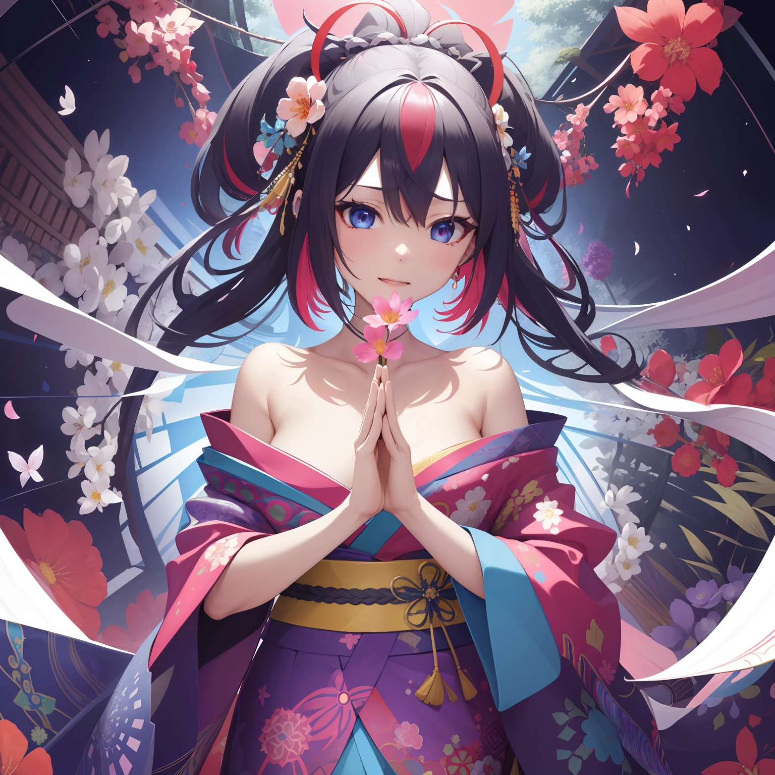 (absurderes、hight resolution、ultra-detailliert)、1girl in、Beautiful woman、Pink twin-tailed hair、length hair、Blue eyes、Red kimono、finely eye and detailed face、the Extremely Detailed CG Unity 8K Wallpapers、intricate-detail、BREAK、kaleidoscopic imagery、Symmetrical pattern、vivd colour、Geometric shapes、mesmerizing designs、optical illusion、Dynamic Composition Breaker、pantomime art、expressive body language、Quiet storytelling、evocative gestures、 visual narratives、Play Break Ha、blooming flowers、Multicolored petals、fragrant scents、nature's bounty、vibrant gardens、Tranquil landscape、Hide fingers