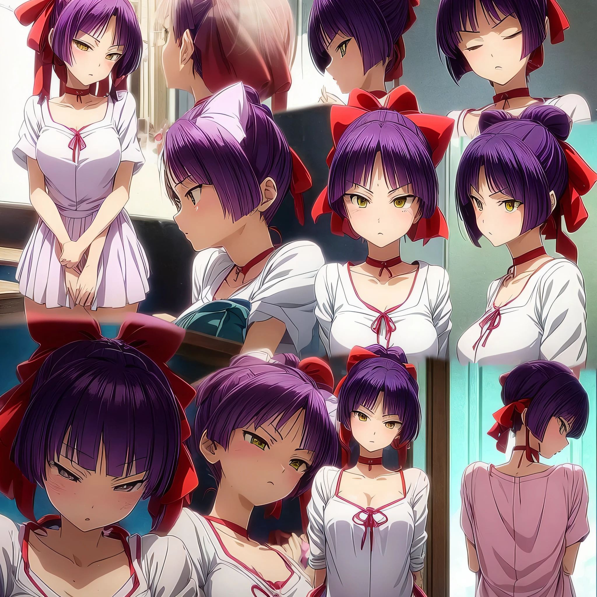 1girl in、nekomusume、18year old、oral sex、I'm giving a、Purple short ponytail hair、big red ribbon、Yellow Eye、Glaring、Slender figure、small tits、a black choker、facial close-up、accurate human body、