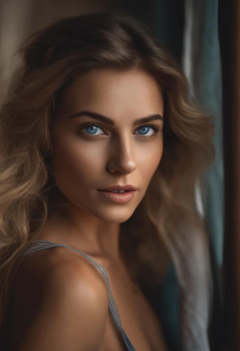 german woman, young, petite, large blue hazel eyes, exaggerated facial features, ultra realistic, meticulously detailed, hungarian eyes, yoga stretches, tight clothing, exposed feet, looking directly at the camera, full shot, sexy expression, natural makeup, small to medium bust