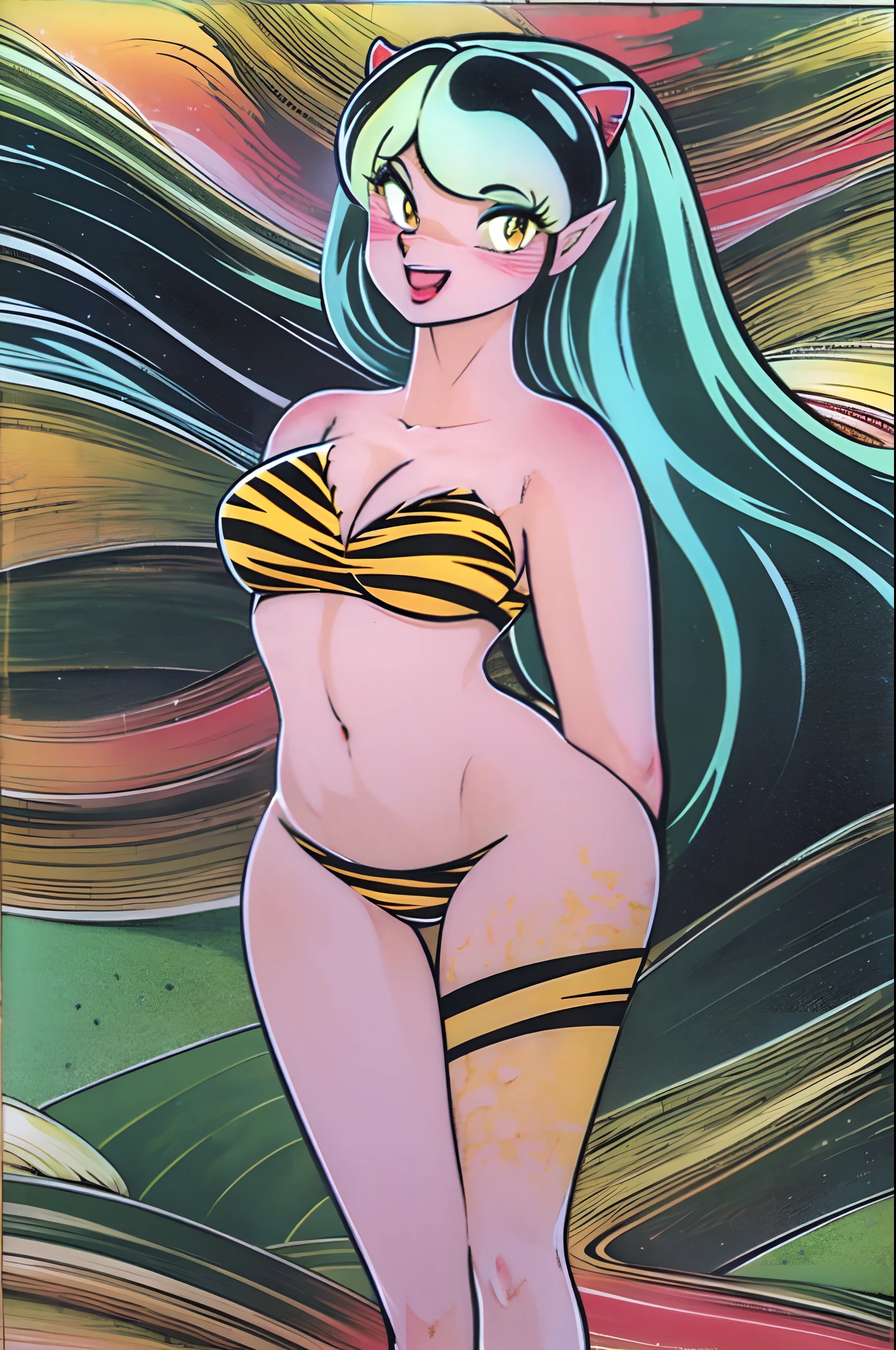 1girl, lum, solo, horns, long hair, pointy ears, breasts, makeup, eyeshadow,yellow eyes ,retro artstyle, 1980s (style), animal print, cleavage, tiger print, bikini, smile, open mouth, traditional media, medium breasts, strapless, pink hair, bare shoulders, oni, white background, full body, oni horns, blush,,standing