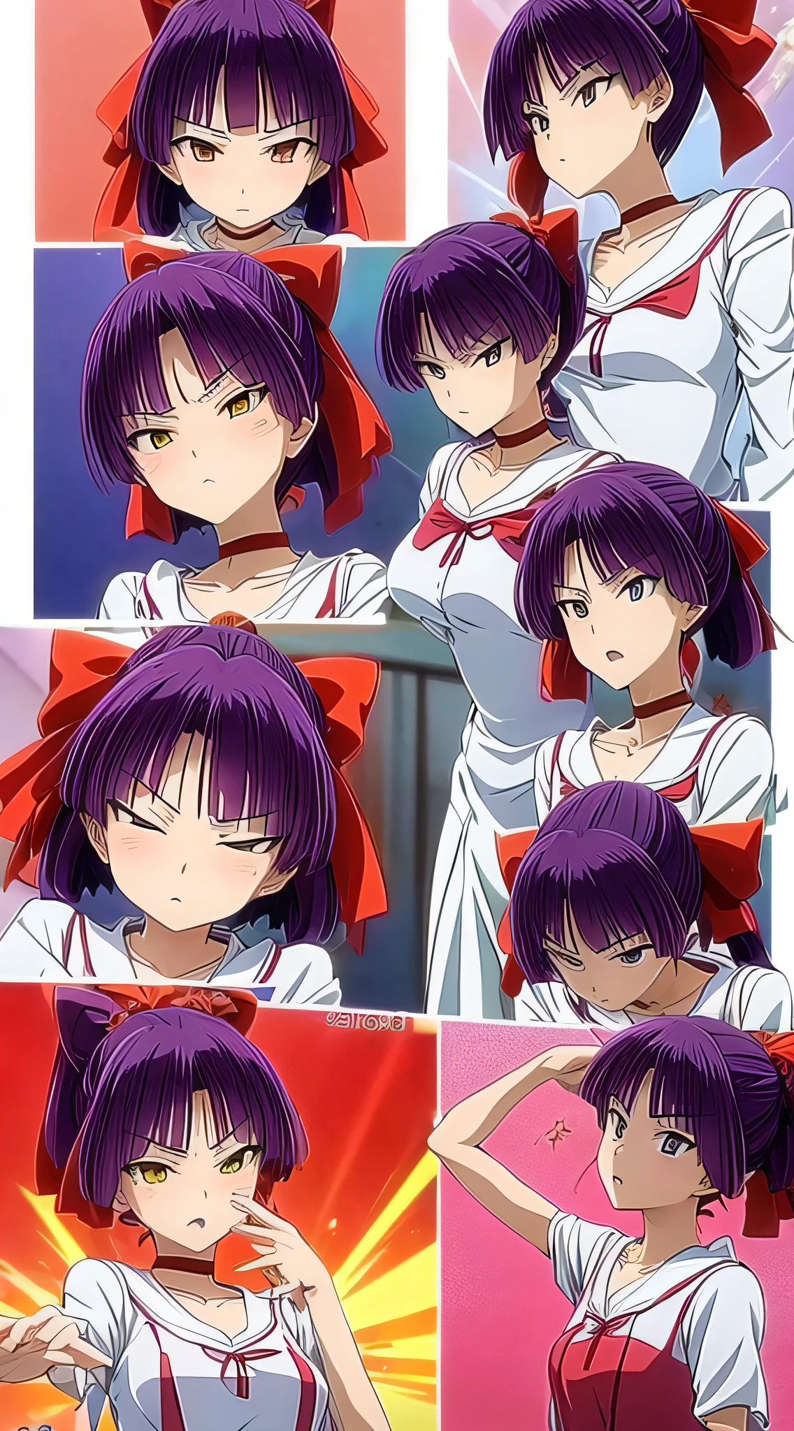 1 anime girl、nekomusume、18year old、oral sex、I'm giving a、Purple short ponytail hair、big red ribbon、Yellow Eye、Glaring、Slender figure、small tits、a black choker、facial close-up、accurate human body、
