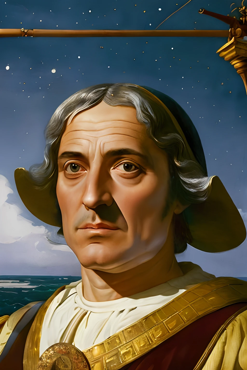 An 8K resolution image of Christopher Columbus, his face in a detailed frontal view, lit by a mysterious, phosphorescent glow mistaken for the land. His facial expression is a mix of intense focus, hope, and relief, as if he has just witnessed the deceiving glow that rekindled hope among his crew. He is dressed in the attire of a 15th-century explorer, including a captain's hat. One hand holds a navigational instrument, highlighting his role as the leader of this exploratory mission. His face is the central focus of the image, fully facing the camera. The background features a restless sea under a night sky, subtly adding context without diverting attention from Columbus. The lighting is carefully arranged to illuminate his face against the darker backdrop of the sea and sky. The overall image should encapsulate the moment where hope was born from illusion, a pivotal moment that led to the perseverance and eventual success of the voyage. --auto