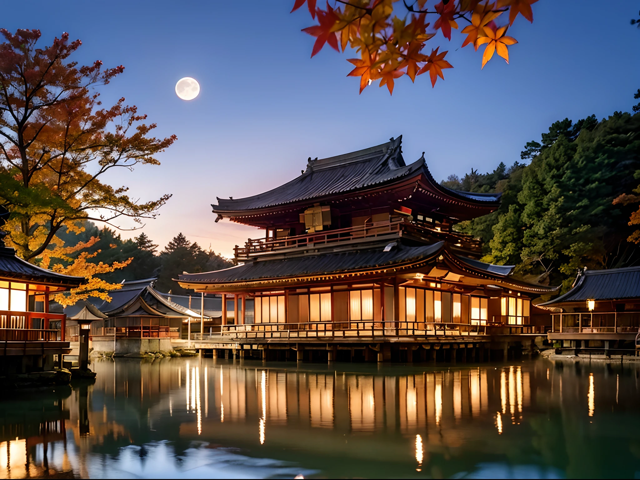 fullmoon、Bright autumn leaves、Alafed view of large building reflected in the water, kyoto inspired, japan deeper travel exploration, kyoto japan setting, japanese temples, Japan at night, ancient japanese architecture, kyoto, japanese temples, japan sightseeing, japanese city at night, japanese heritage,