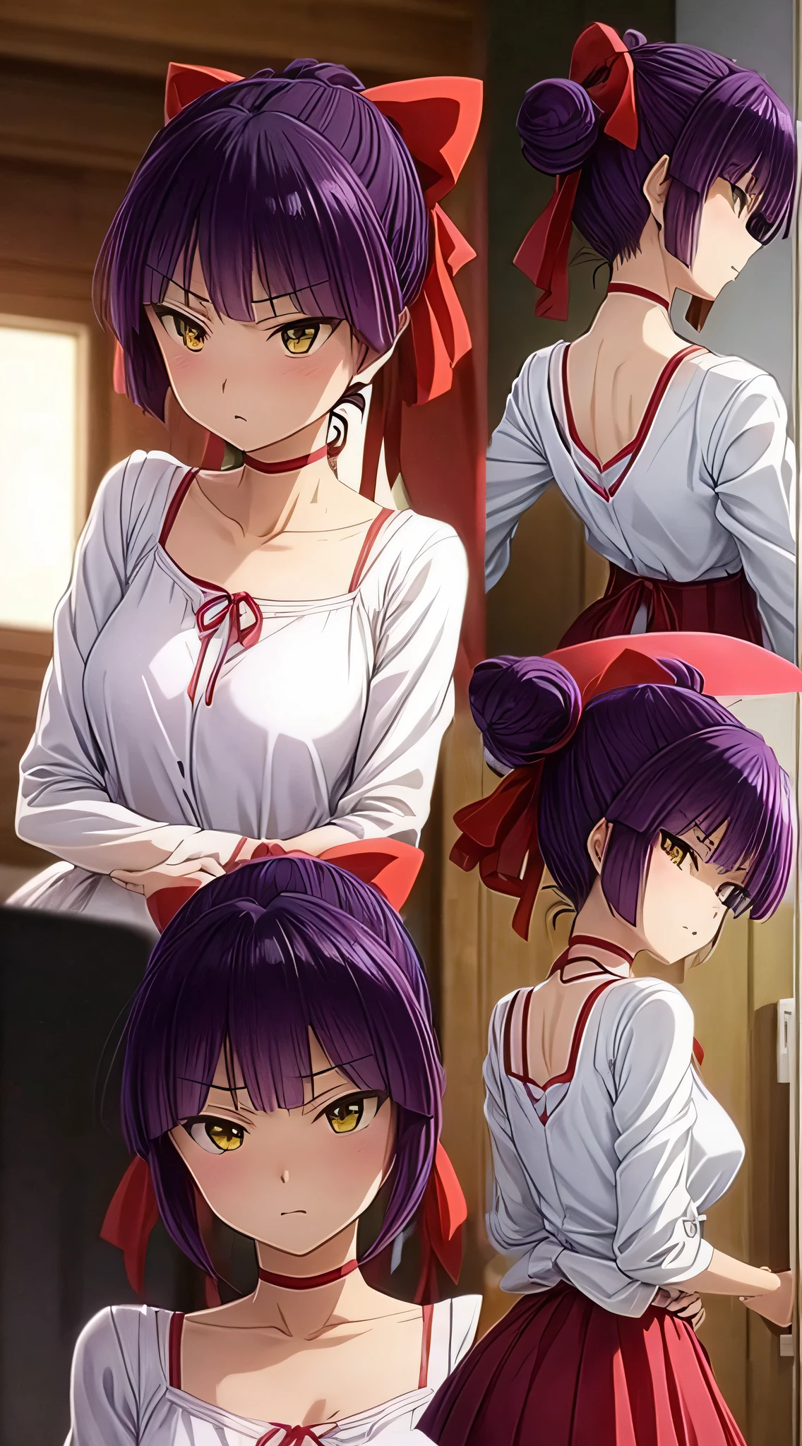1 anime girl、nekomusume、18year old、oral sex、I'm giving a、Purple short ponytail hair、big red ribbon、Yellow Eye、Glaring、Slender figure、small tits、a black choker、facial close-up、accurate human body、