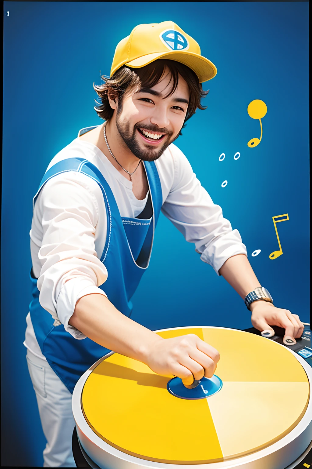 Sweeping yellow and blue ink washes expressing cute smiling man with slightly appeared beared at playing DJ as rhythms of change --style raw --s 100