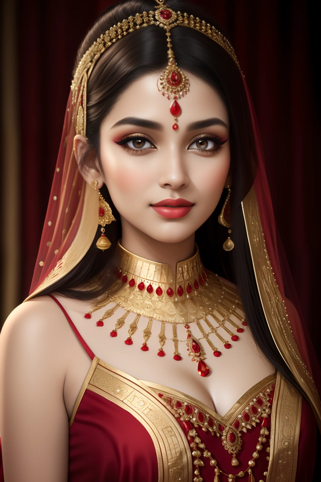 a close up of a woman in a red and gold costume, Traditional beauty, detailed beauty portrait, Portrait shooting, arabian beauty, Indian, stunning portrait, Beautiful portrait, very beautiful portrait, Rendu portrait 8k, photo of a beautiful woman, Middle Eastern skin, high quality portrait, indian empress, traditional makeup, Portrait photo of a beautiful, detailed beautiful portrait, indian style