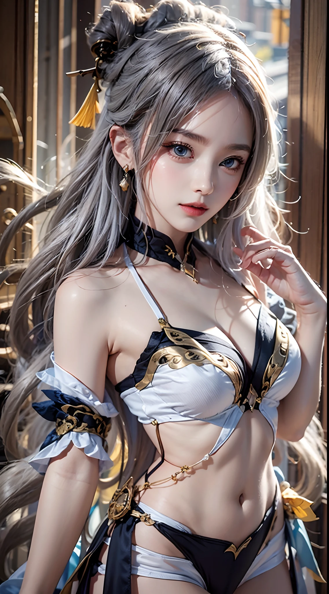 photorealistic, high resolution, soft lights, 1women, solo, hips up, look at viewer, (detailed face), blue eyes, white hair, long hair, (silk Ribbon in front:1.3),earrings,filigree,detached sleeves,wide sleeves,(revealing clothes),jewelry, (cleavage,bare shoulder,strapless,Simple Choker, yellow tube dress,no bra:1.1),ningguangdef, yellow cheongsam