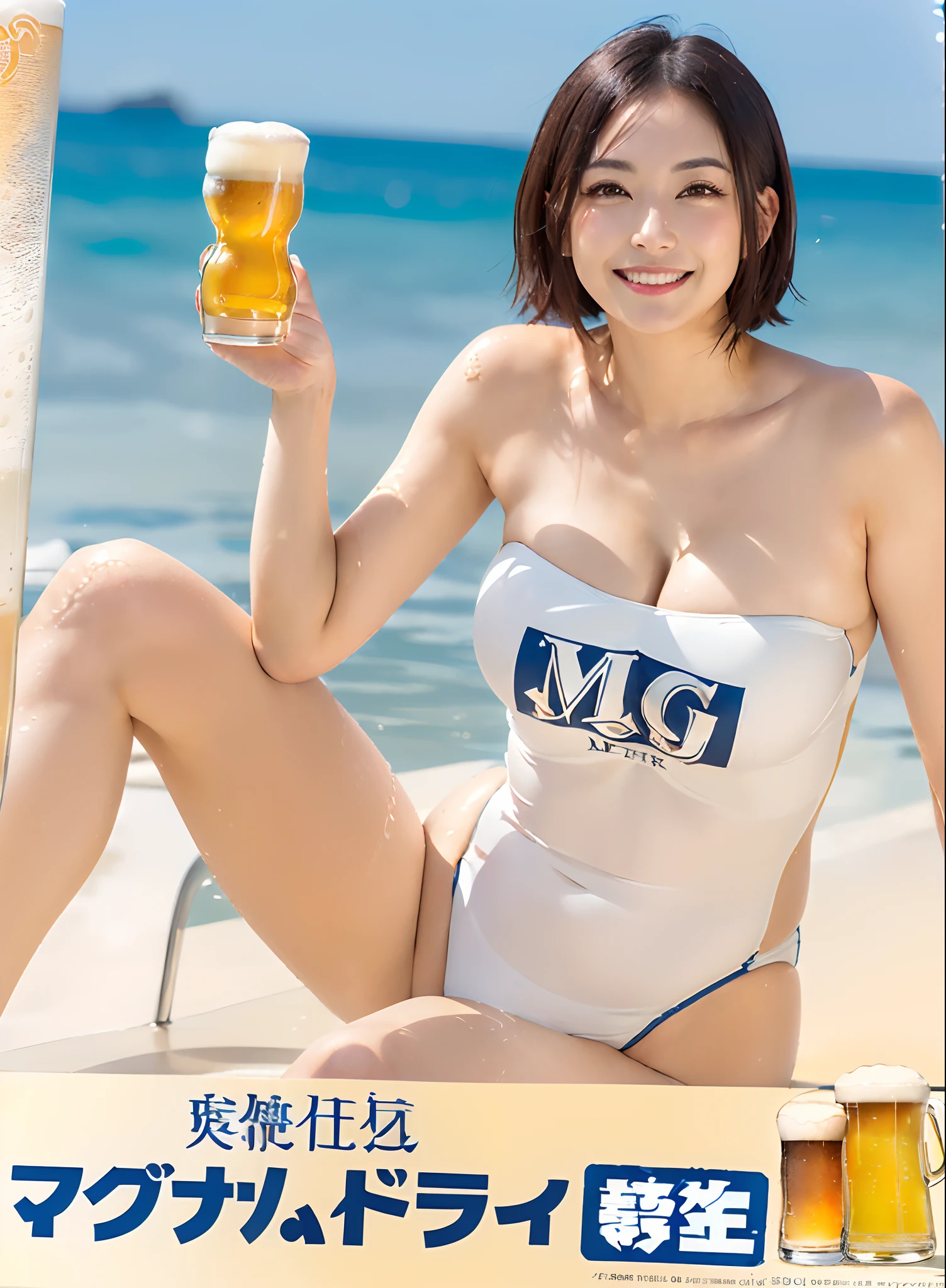 in 8K、超A high resolution、Best Quality、masutepiece、The ultra -The high-definition(quite massive chest、Hide all cleavage:1.3)(Azure High Leg Swim Racing Suit、Azure Competitive Swimwear、Lift a large mug of draft beer to show the sides:1.28)(Hawaii Beaches1.3)(Sit with your knees bent、sit with your legs wide open to the sides、Large mug of draft beer in hand:1.25) (Black hair one-length bob、A Japanese Lady、adult lady、年轻、long legged、Realistic face、Big dark eyes、Charming smile、Dimples、drooing eyes、Crisp double eyelids、a small face、ighly detailed:1.15)