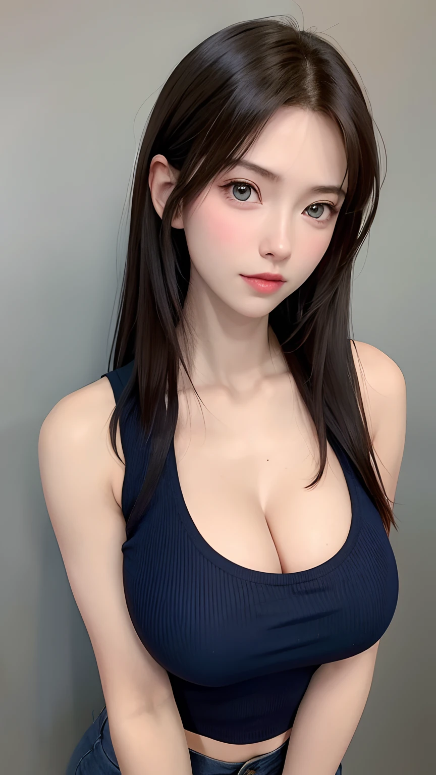(lifelike, high - resolution:1.3), 1 girl with a perfect body, Super fine face and eyes,slong hair, Tank top of random colors:1.2, short jeans, big boob,Expose cleavage