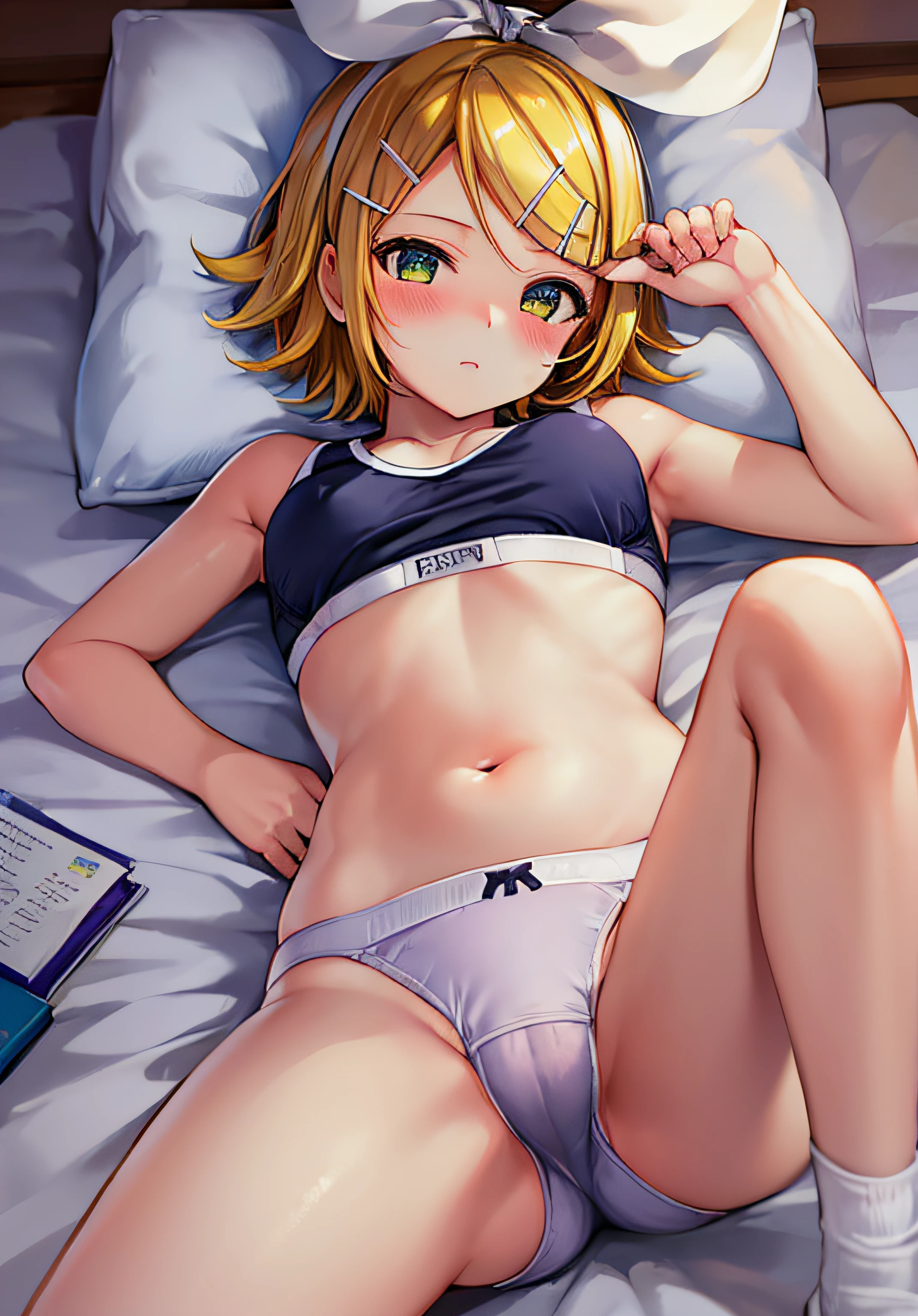 ​masterpiece、Top image quality、超A high resolution、nsfw、Kagamine Rin in elementary school students、Children's Kagamine Rin、small tits、Short hair、Blushing、Embarrassing appearance、Junior Sports Bra、Open your legs wide、Micro Junior panties、Lying on your back on the bed、hotel