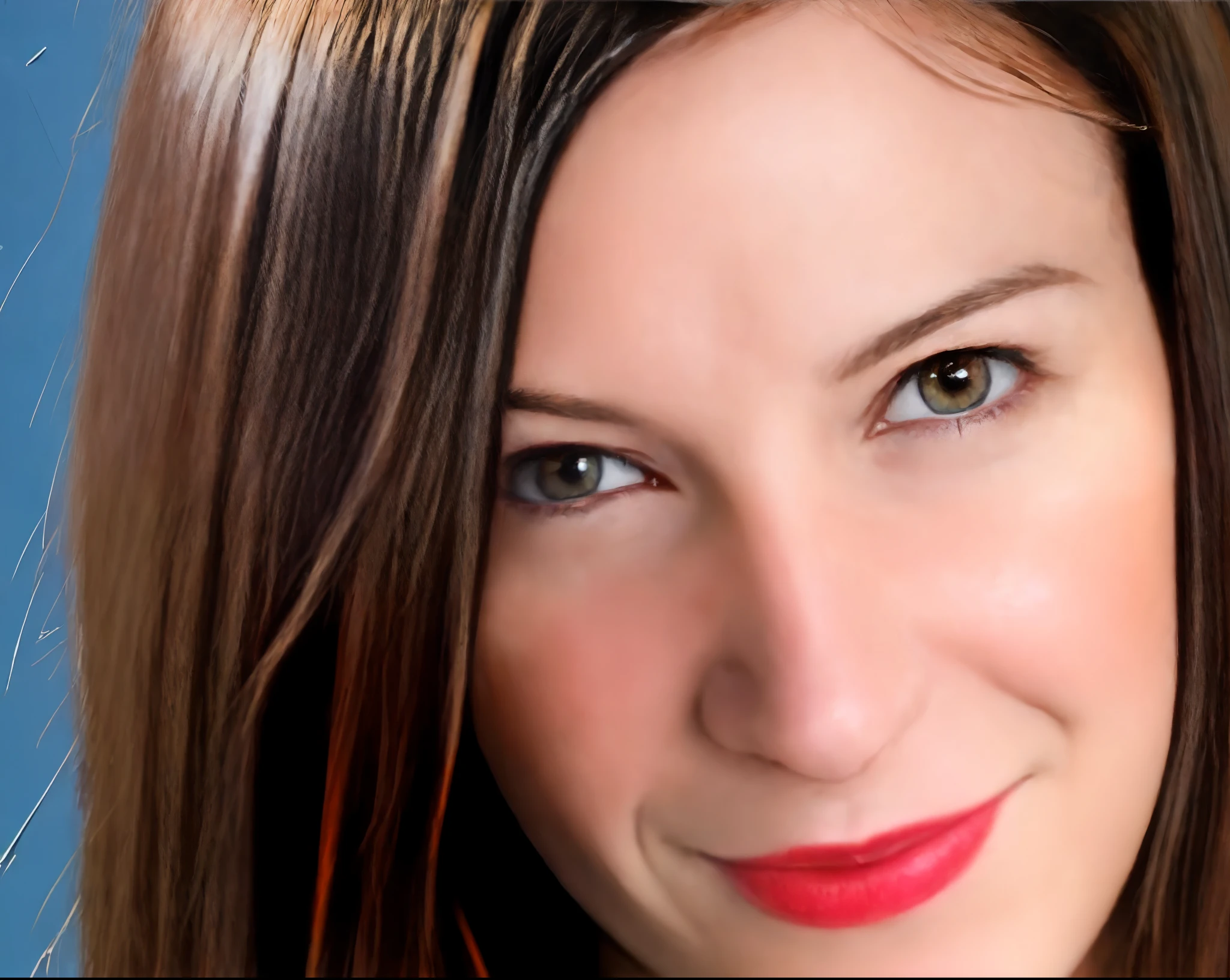 Smiling woman with long brown hair and red lipstick posing for a photo, Photographie de portrait, Photo de profil, portrait en gros plan, head portrait, Gros plan, headshot photo, Portrait of an actor, stunning closeupheadshot, Headshot, Portrait professionnel en gros plan, Jeune femme aux longs cheveux noirs, Portrait of the character's head, Portrait en studio couleur, halfbody headshot