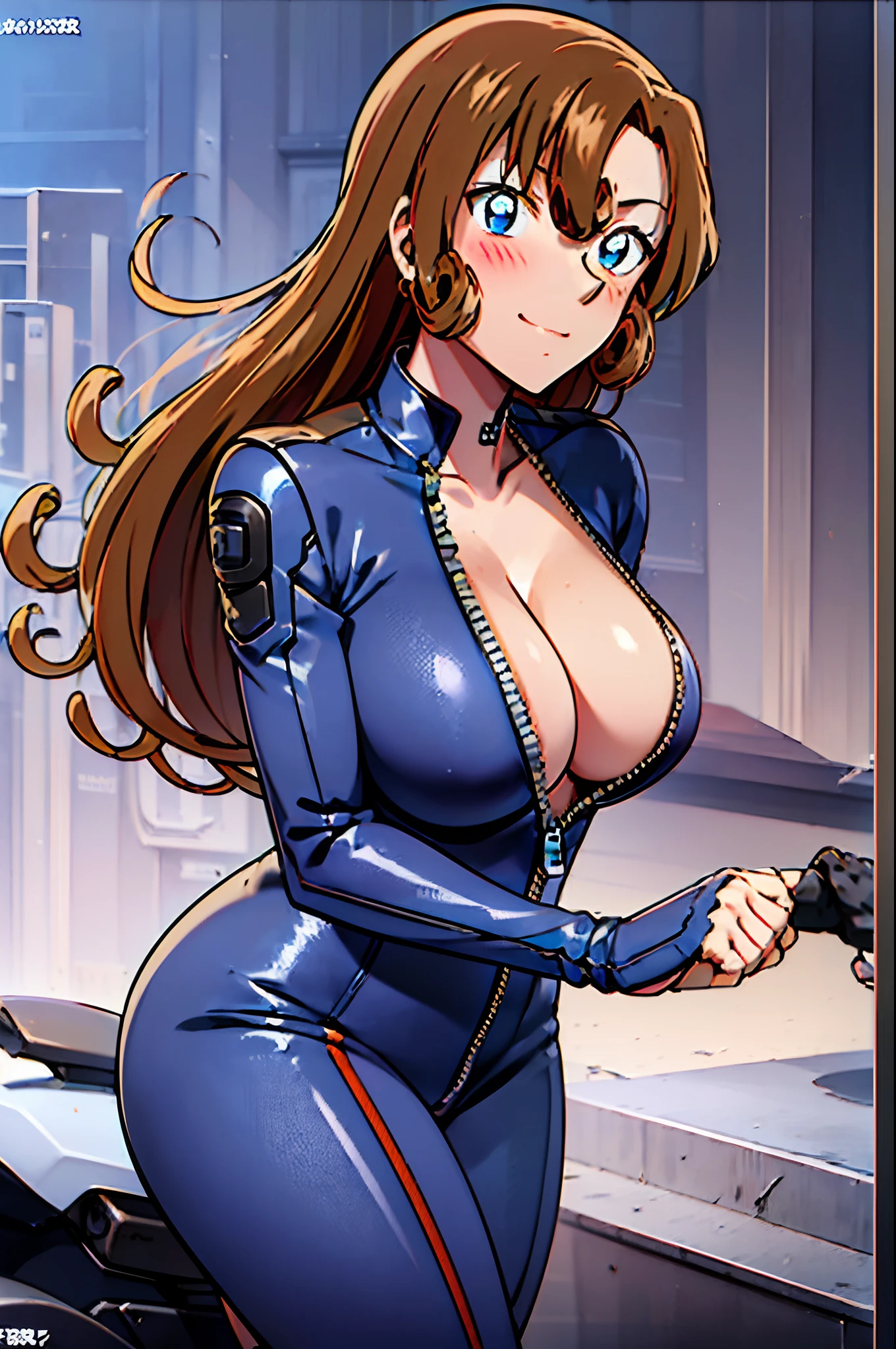 ultra detailed face, best quality, anime style, hires, digital blending, ((female biker), (slender body), mature woman, milf, (dark purple only, one color only, one piece, catsuit, half zipped, cover whole body, motorbike suit) victorious, gorgeous, winner, not blushing, confident face, smile, (closed mouth), (pale skin, shiny skin, lighting and shadow), (cleavage) (only one arm stretching),closed fists, (brown, long hair, curly bangs), 37 years old