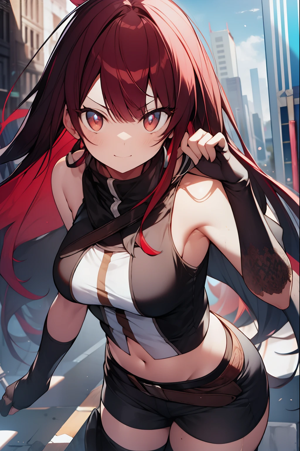 erisgreyrat, eris greyrat, ahoge, hair between eyes, long hair, (red eyes:1.5), red hair, sidelocks, (large breast:1.2),
BREAK bare arms, bare shoulders, belt, black footwear, black gloves, black shorts, black thighhighs, boots, crop top, fingerless gloves, gloves, midriff, navel, shirt, short shorts, shorts, sleeveless, sleeveless shirt, stomach, thigh boots, thighhighs, white shirt, wing collar
BREAK looking at viewer,
BREAK outdoors, city,
BREAK (masterpiece:1.2), best quality, high resolution, unity 8k wallpaper, (illustration:0.8), (beautiful detailed eyes:1.6), extremely detailed face, perfect lighting, extremely detailed CG, (perfect hands, perfect anatomy),