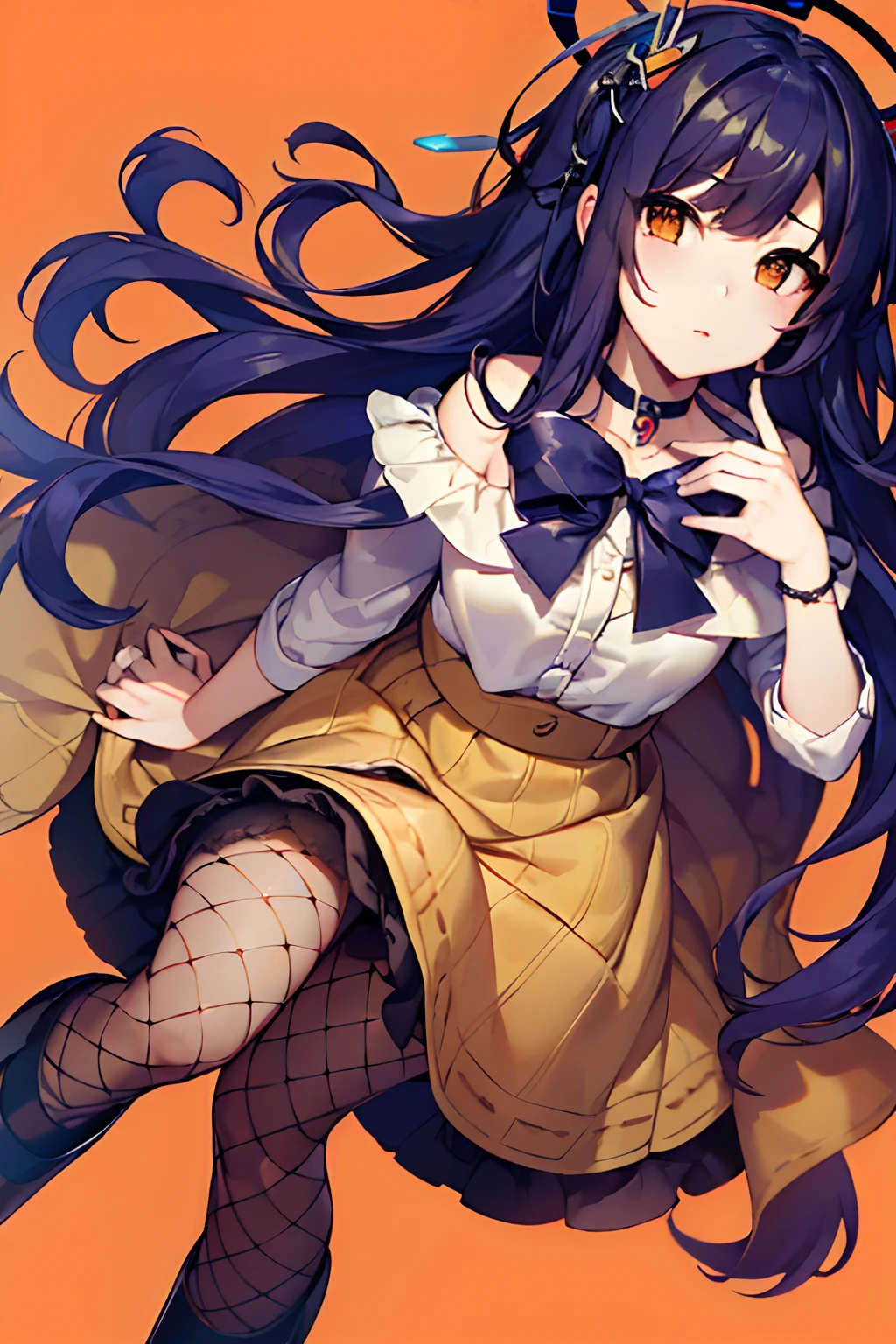 (masterpiece+top-quality:1.6)、 1 人、10 talents、Lori、eyeshadows、lipsticks、独奏、long eyeslashes、Viewer Perspective、skirt by the、White shirt、(cabelos preto e longos:1.4)、Twin-tailed、long-sleeve、bow ribbon、Bow knot、hair adornments、frilld、lowfers、a choker、The eyes are orange eyes、The halo、Light purple background、frills skirt、Large ribbon、fishnet tights、The shirt、fishnets pantyhose、Platform footwear、Orange theme background、simple background、Department of Landmines、