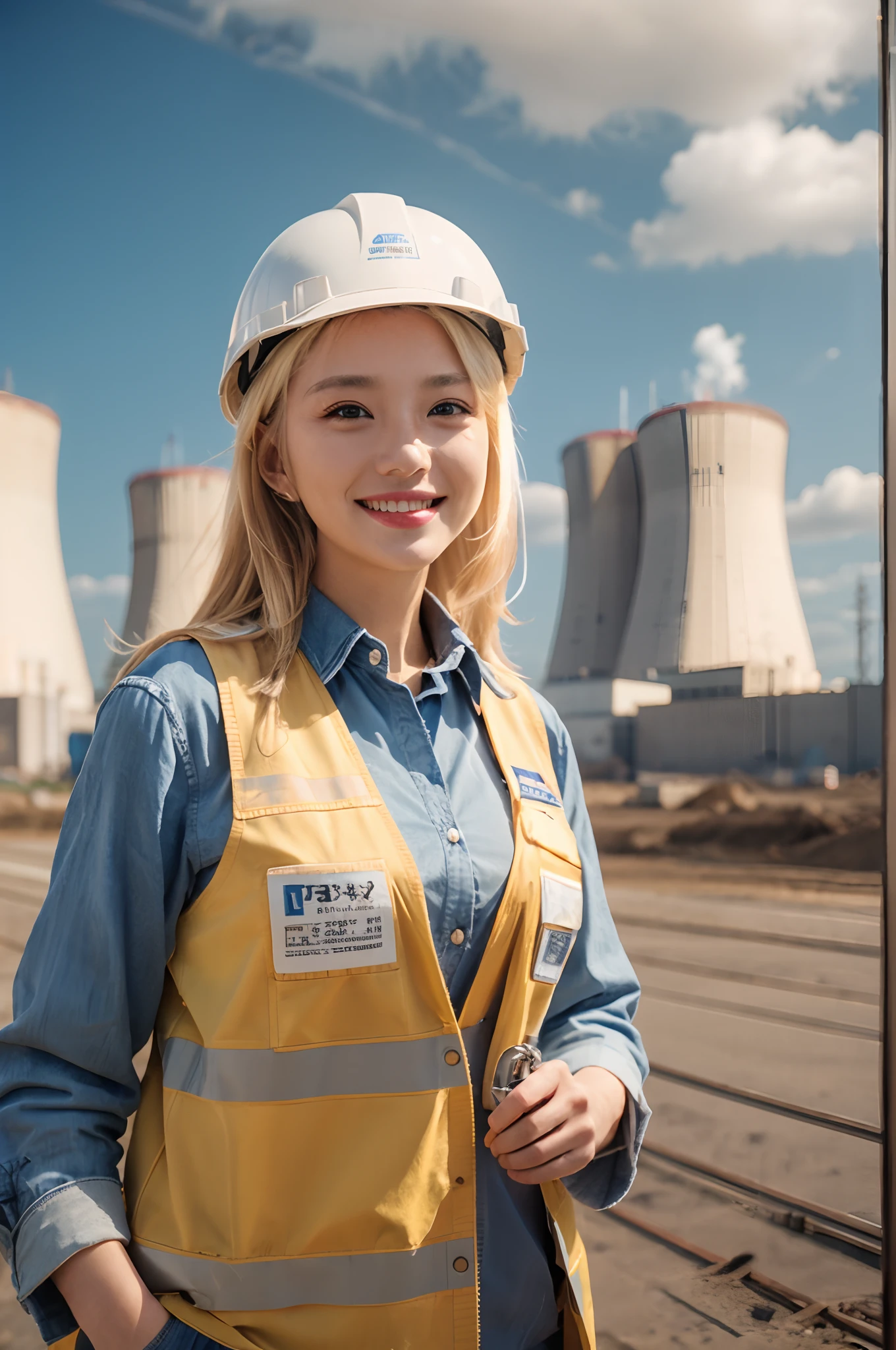 beautiful smiling smart female blonde engineer dressed with construction clothes in front of a nuclear plant, high resolution, very detailed, photo 8K resolution