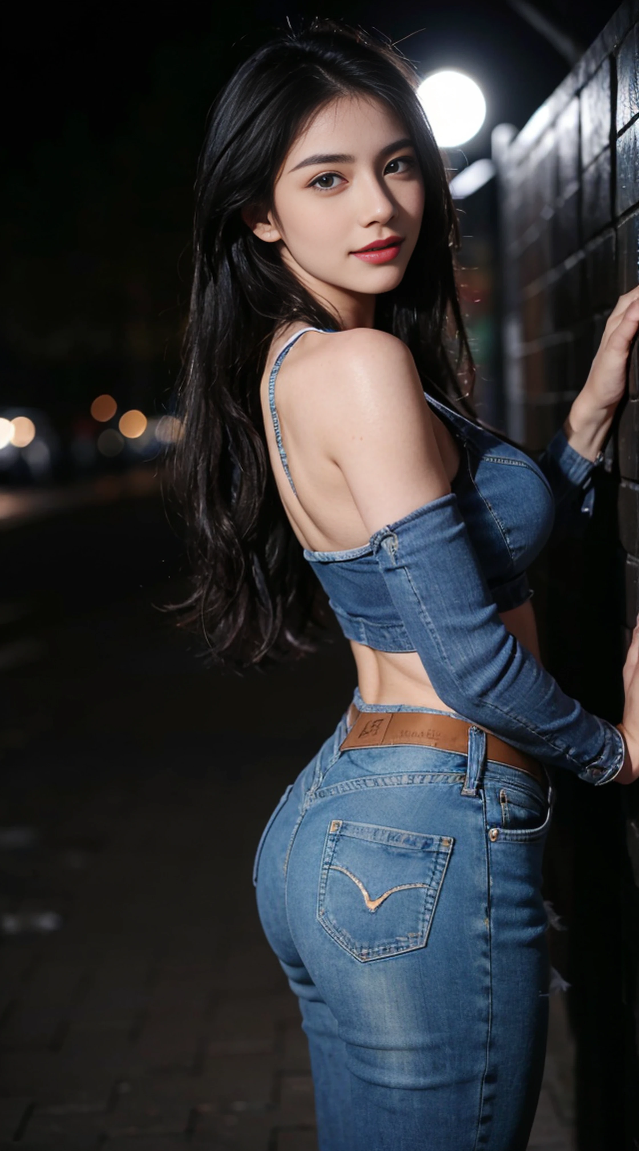 8K, Top Quality, Intricate Details, Ultra Detail, Ultra High Resolution, Masterpiece, ((close up shot)), shot from behind , looking away from viewer,,  Slender, Smile, (Makeup: 0.4), (Fluffy Blue Eyes: 1.21), blue Eyes,, ((full body)), 1girl, solo, 1 girl, (( full body)),  close-up shot,  , , ((tall)), (((fit body))), (((slim face))), sharp face, sharp eyes, (((black hair, long hair, ))  ,(detailed face), sharp face, small lips, thin lips, 
 ((denim)),  detailed face, detailed breast, , large breast, detail ass, round ass , Beautiful girl with accentuated slender abs: 1.4, Six Pack Abs: 1.4, Bust Botox, Big, Perfect Body, detail leg, (( moonlight)), ocean