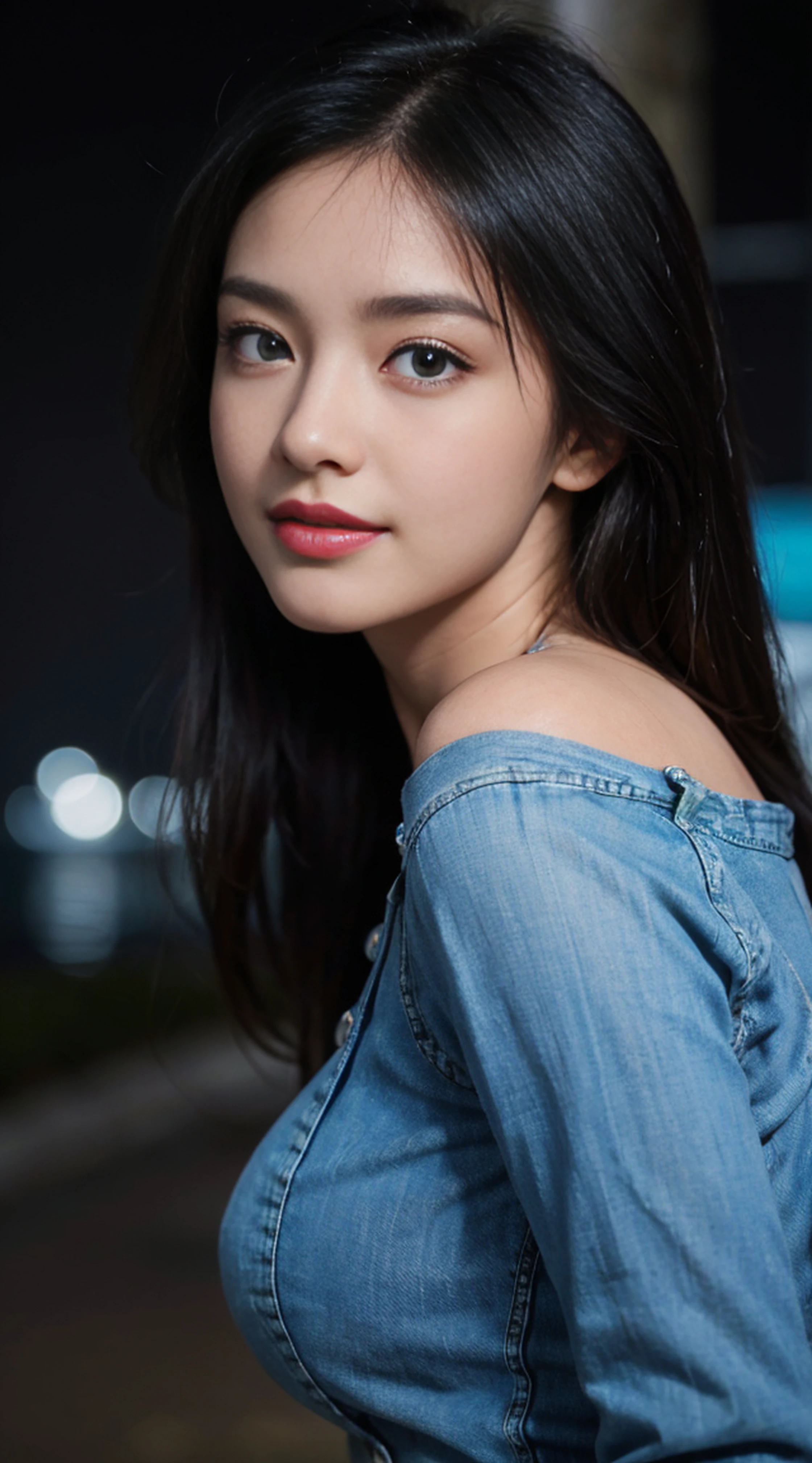 8K, Top Quality, Intricate Details, Ultra Detail, Ultra High Resolution, Masterpiece, ((close up shot)), shot from behind , looking away from viewer,, Slender, Smile, (Makeup: 0.4), (Fluffy Blue Eyes: 1.21), blue Eyes,, ((full body)), 1girl, solo, 1 girl, (( full body)), close-up shot, , , ((tall)), (((fit body))), (((slim face))), sharp face, sharp eyes, (((black hair, long hair, )) ,(detailed face), sharp face, small lips, thin lips,
((denim)), detailed face, detailed breast, , large breast, detail ass, round ass , Beautiful girl with accentuated slender abs: 1.4, Six Pack Abs: 1.4, Bust Botox, Big, Perfect Body, detail leg, (( moonlight)), ocean